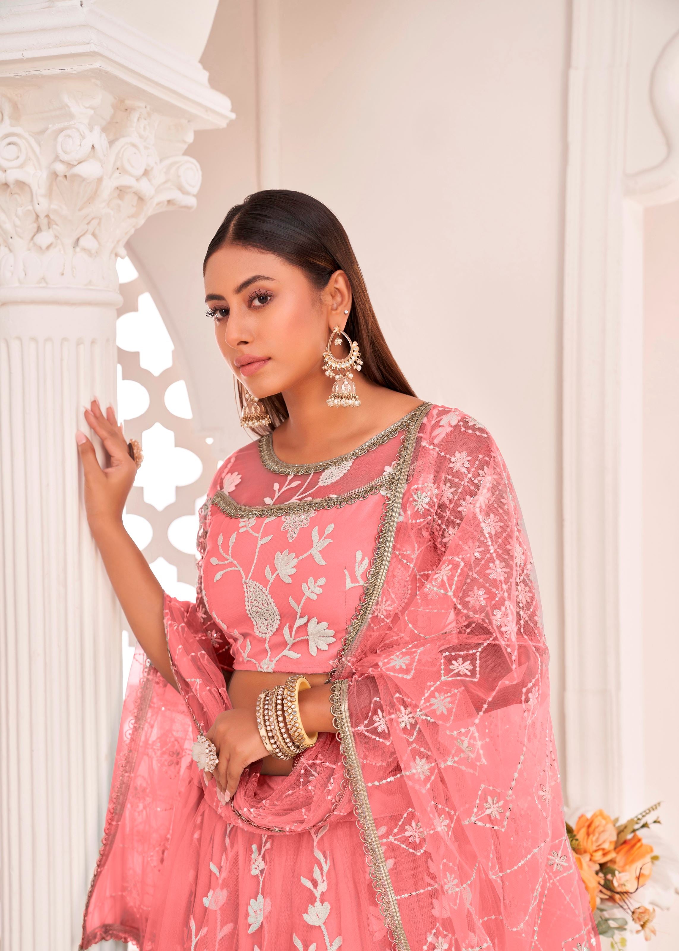 Peach Butterfly Net Lehenga Choli With Thread Embroidery Work