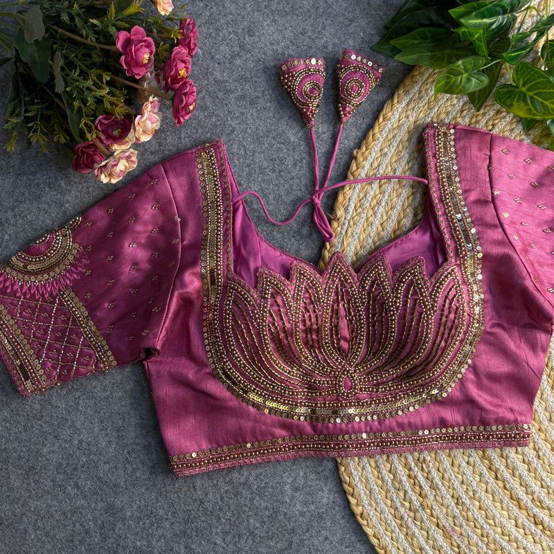 Peach Sabyasachi-Inspired Heavy Bridal Blouse with Exquisite Lotus Beads Embroidery