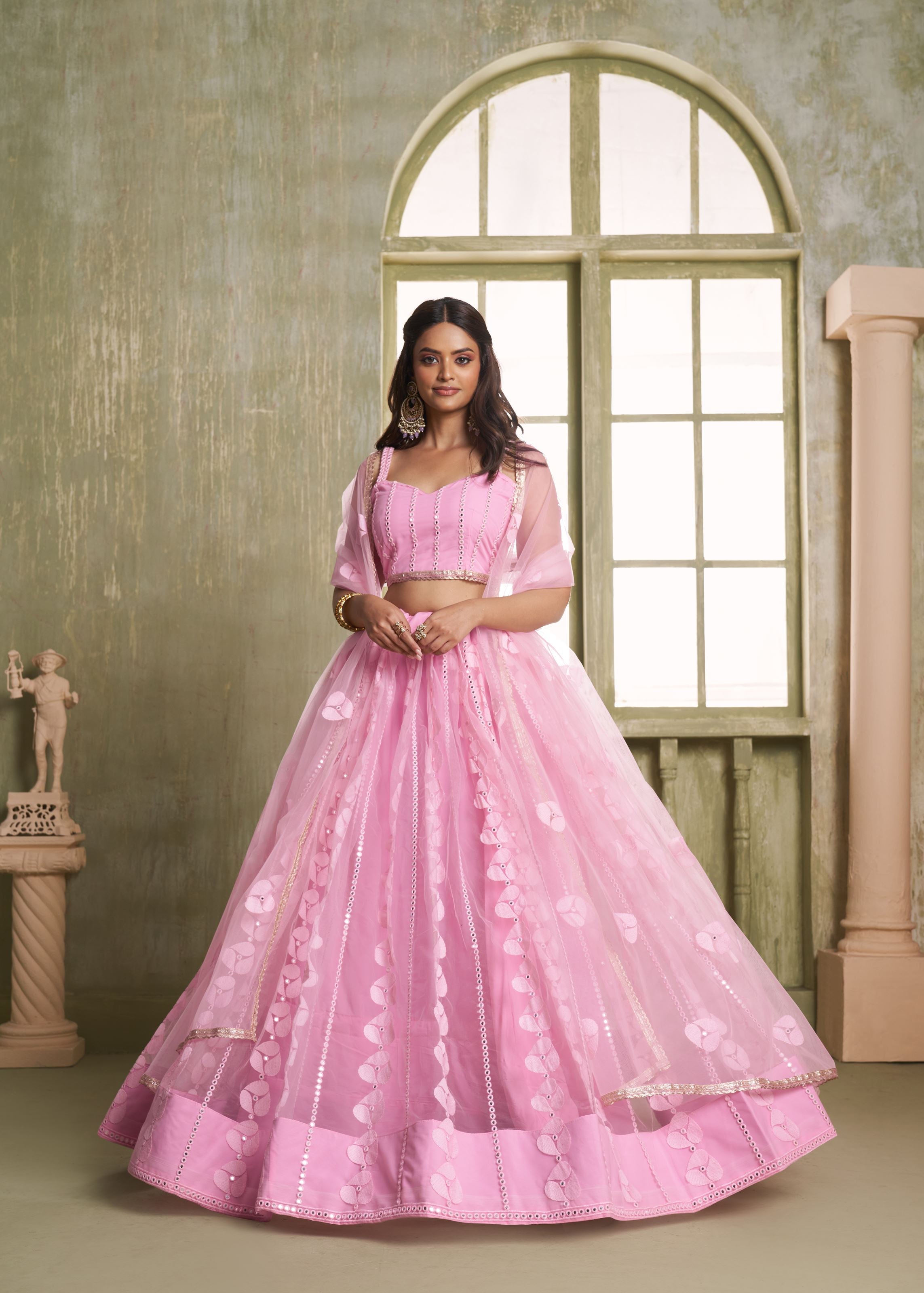 Pink Net Lehenga with Readymade Lace Tone Zari Work