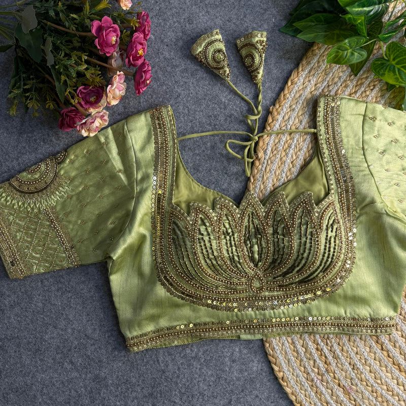 Pista Sabyasachi-Inspired Heavy Bridal Blouse with Exquisite Lotus Beads Embroidery