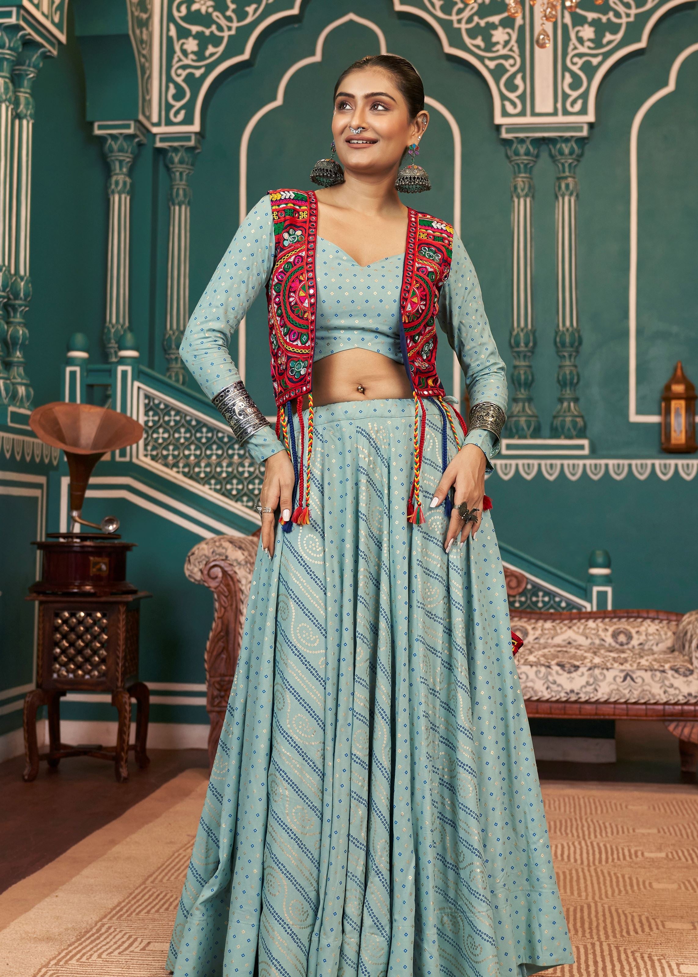 Pistagreen Lehenga Choli With Embroidered Work