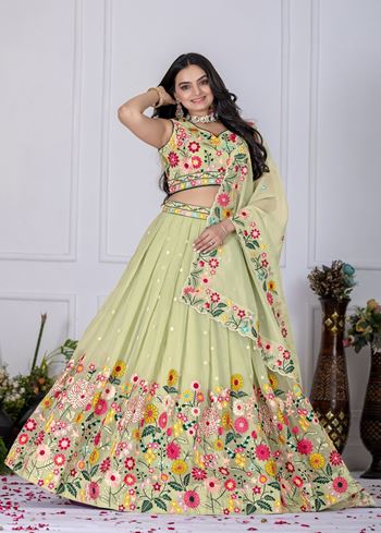 Pistagreen Lehenga Choli With Sequence Embroidery & Thread Work