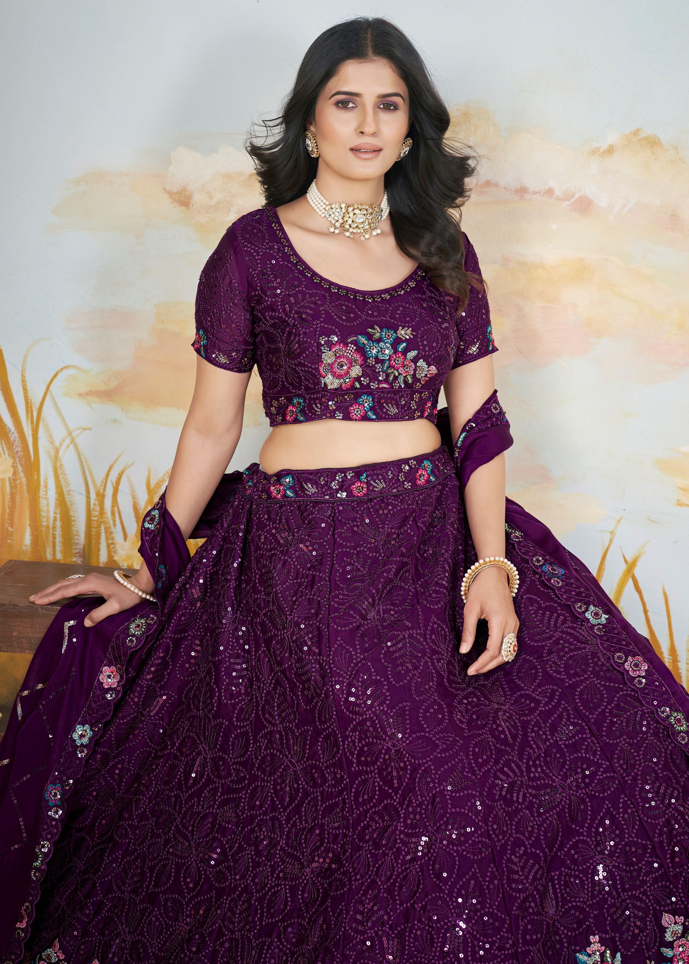 Purple Chinnon Lehenga with Copper Sequin Floral Threadwork