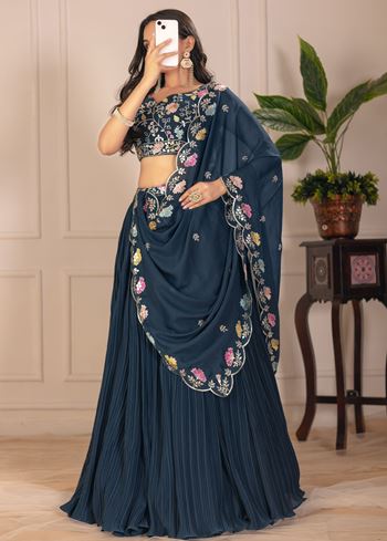 Rama Lehenga Choli With Embroidery With Multi Thread Sequence Work