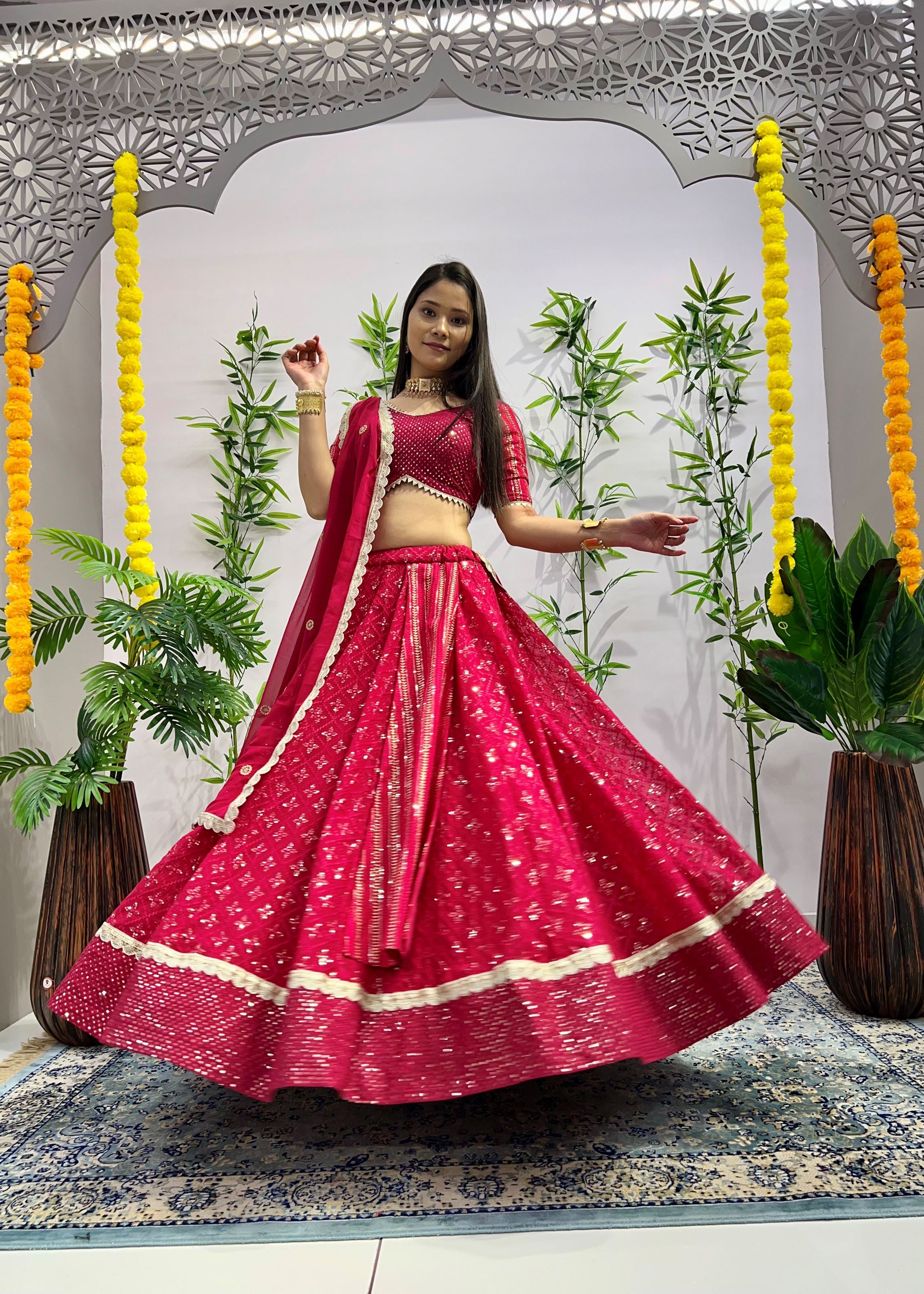 Rani Pink Lehenga Choli With Heavy Embroidery Thread Sequins Work
