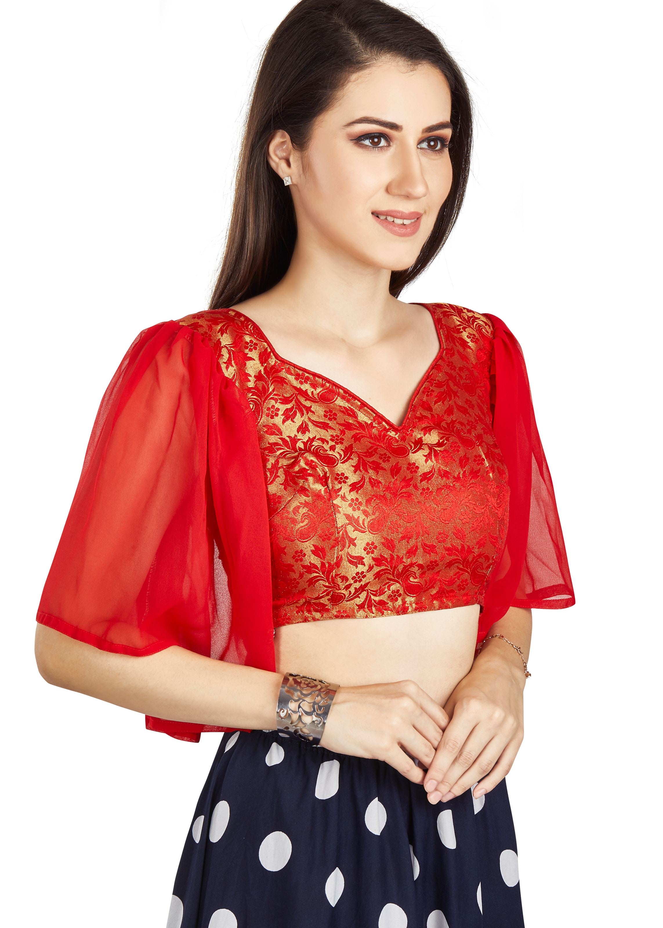 Red Brocade V Neck Blouse With Pletted Frill In Sleev