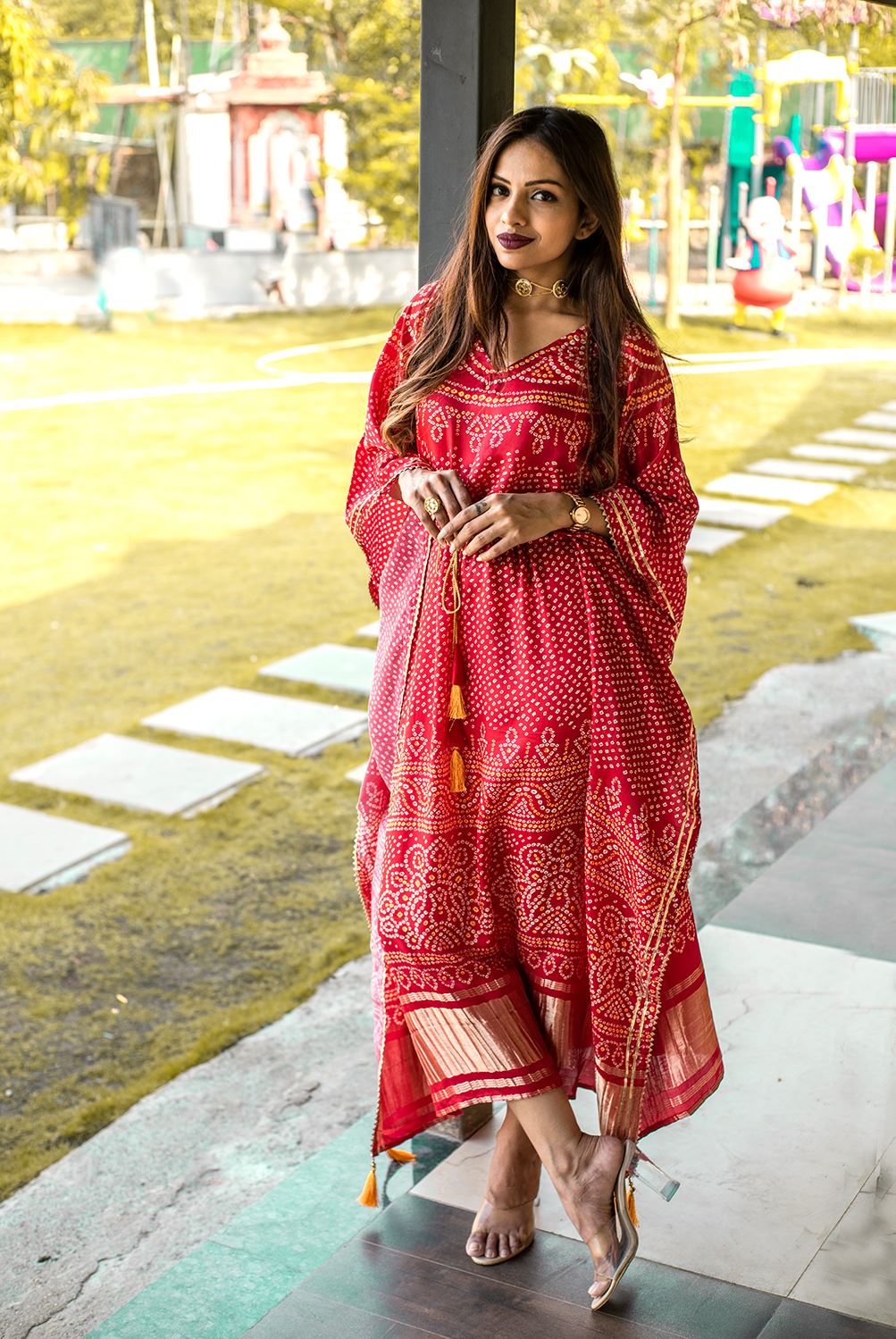 Red Color Pure Gaji Silk Kaftan with Gotta Patti Tassels