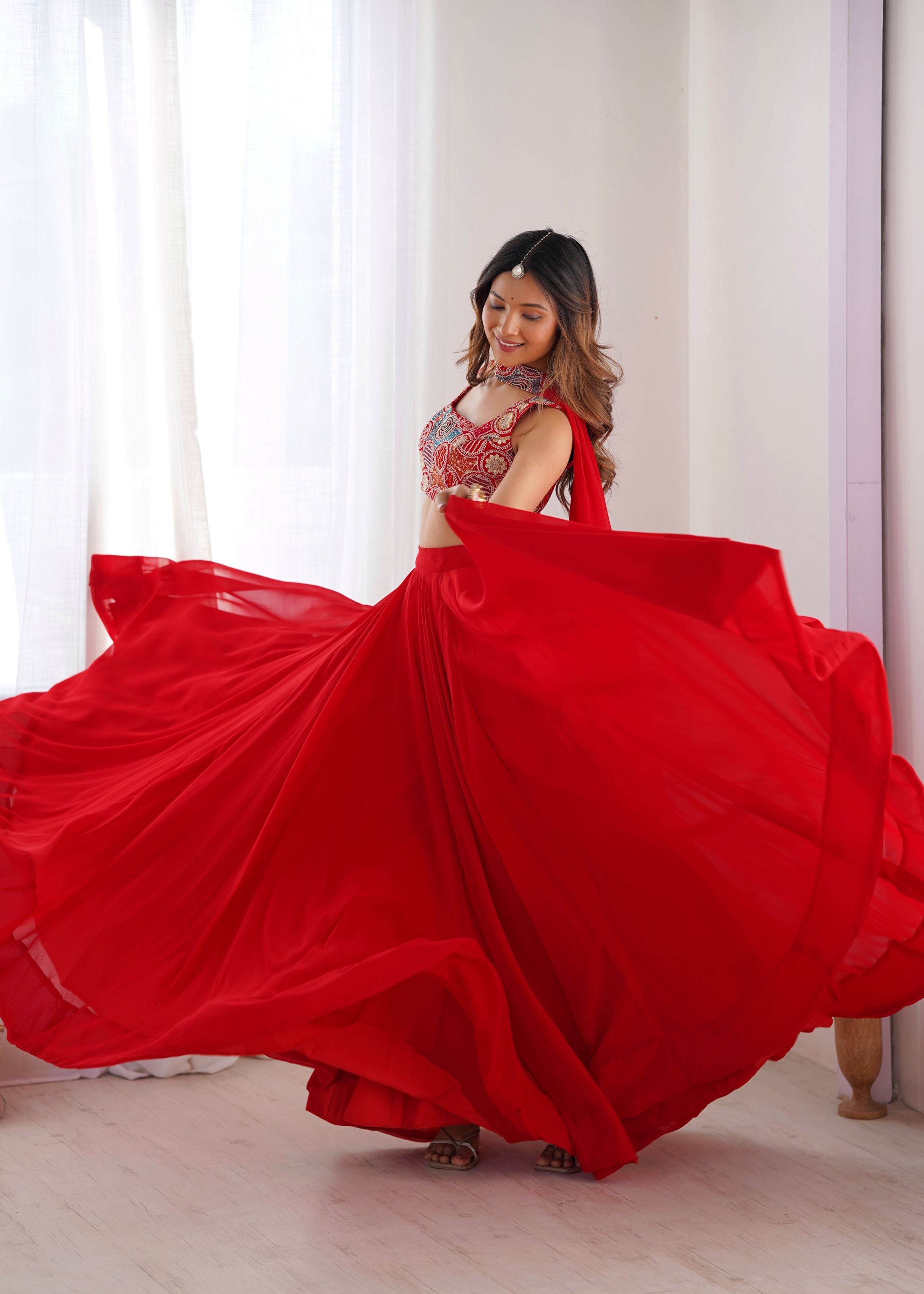 Red Georgette Lehenga with 9 Needle Embroidery Dori Jari Work