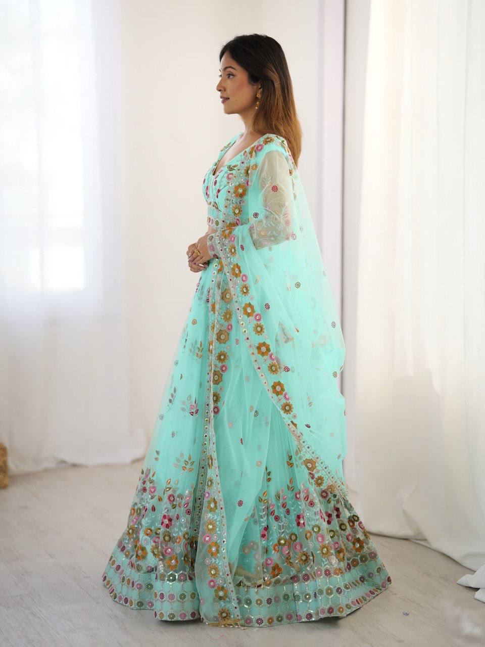Seagreen Lehenga Choli With Thread Sequnce Work