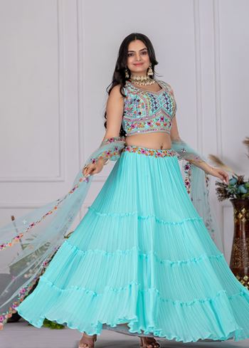 Sky Lehenga Choli With Embroidery With Multi Thread Sequence Work