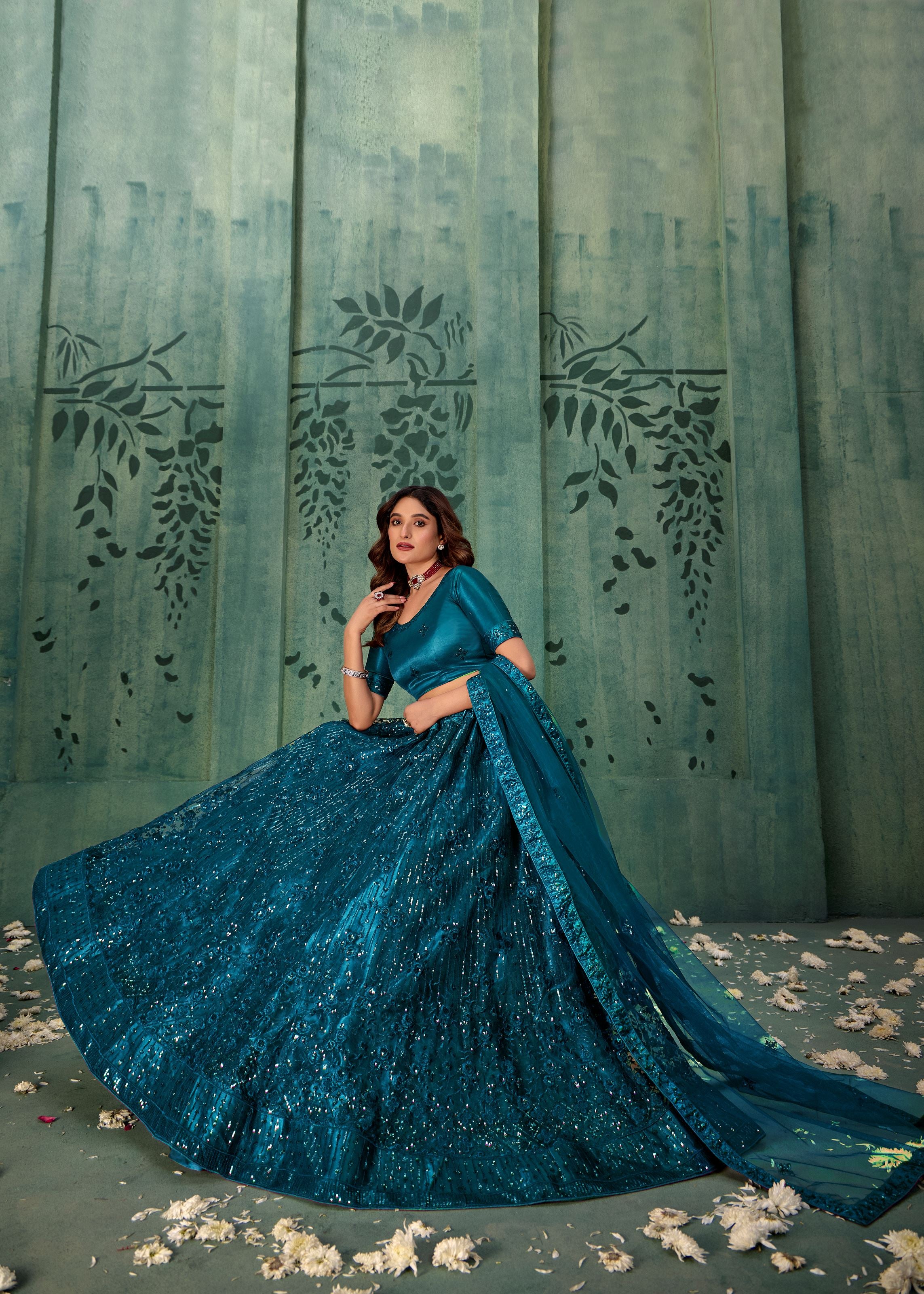 Teal Lehenga Choli With Heavy Sequence Embroidered