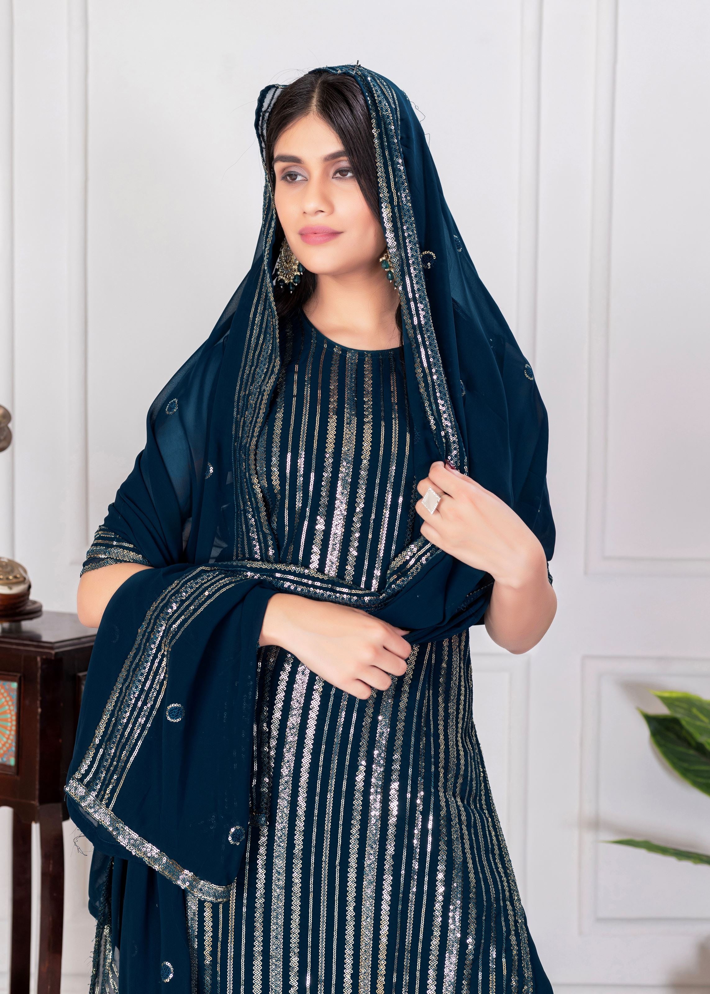 Teal Sharara Dress With Sequence Embroidered