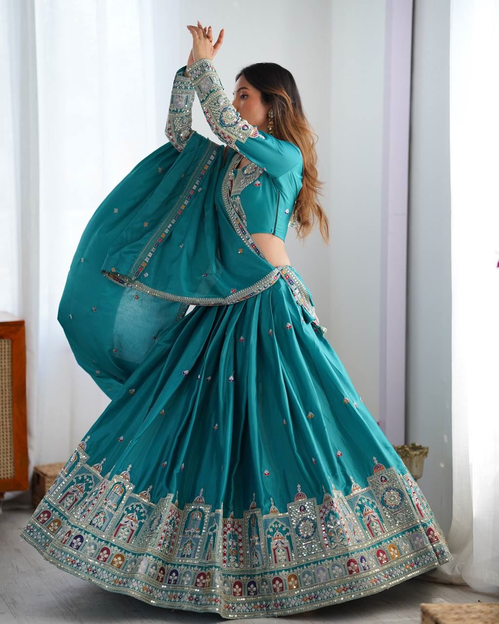 Tealblue Lehenga Choli With Coding Dori With Thread Sequnce Work