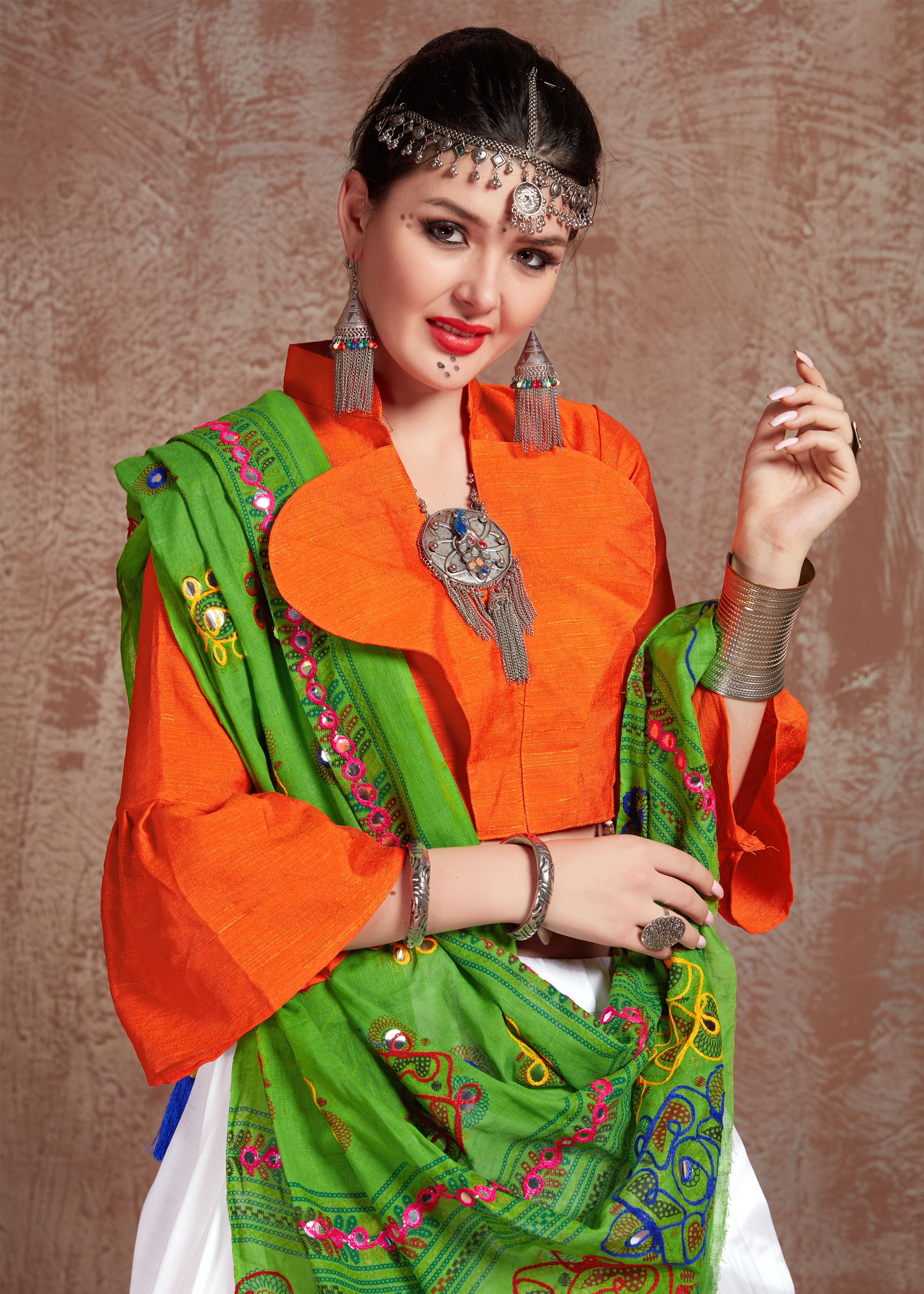 White And Orange Navratri Chaniya Choli With Gamthi Work Butta And Tassels Lace