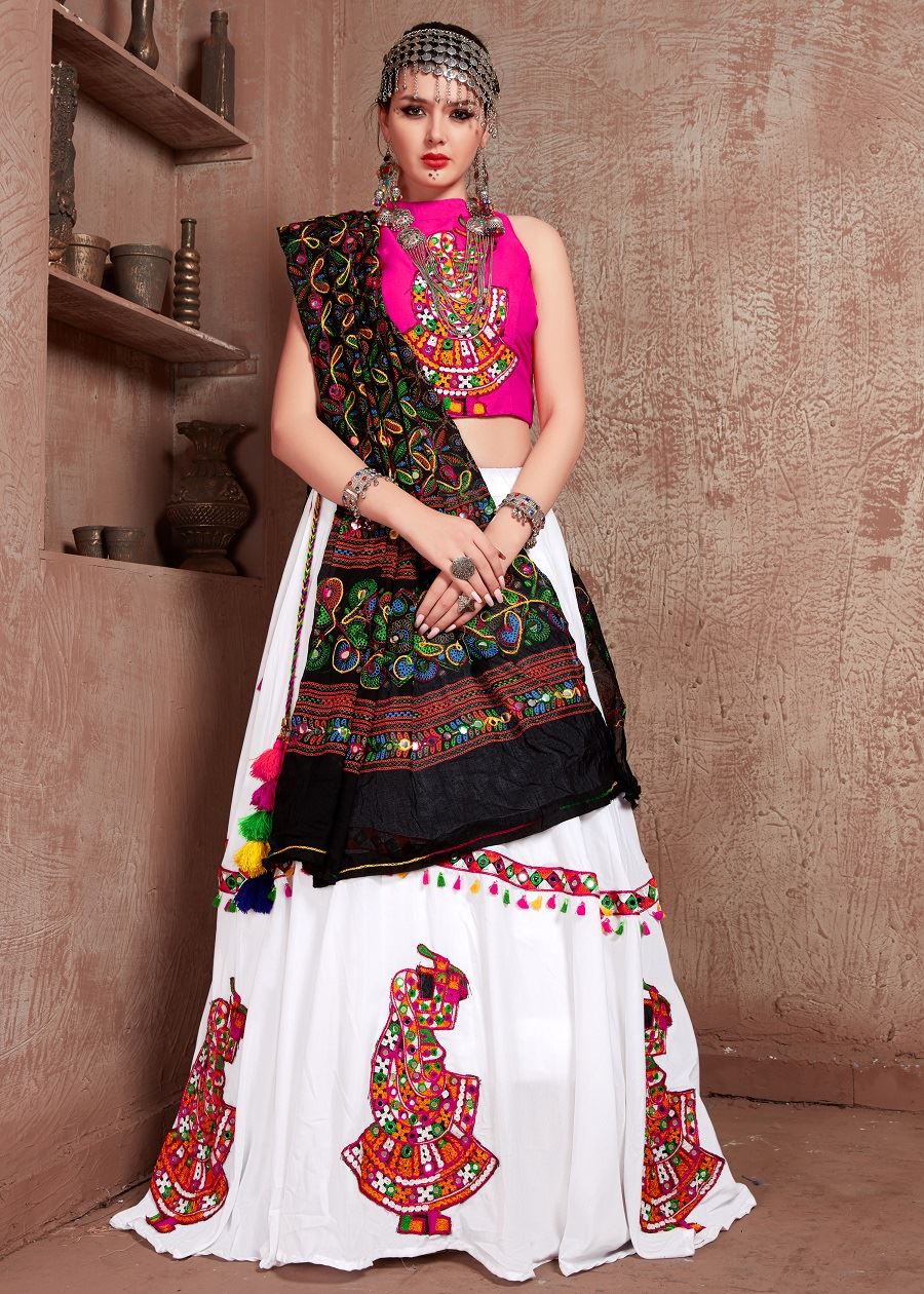 White And Pink Navratri Chaniya Choli With Gamthi Work Butta And Tassels Lace