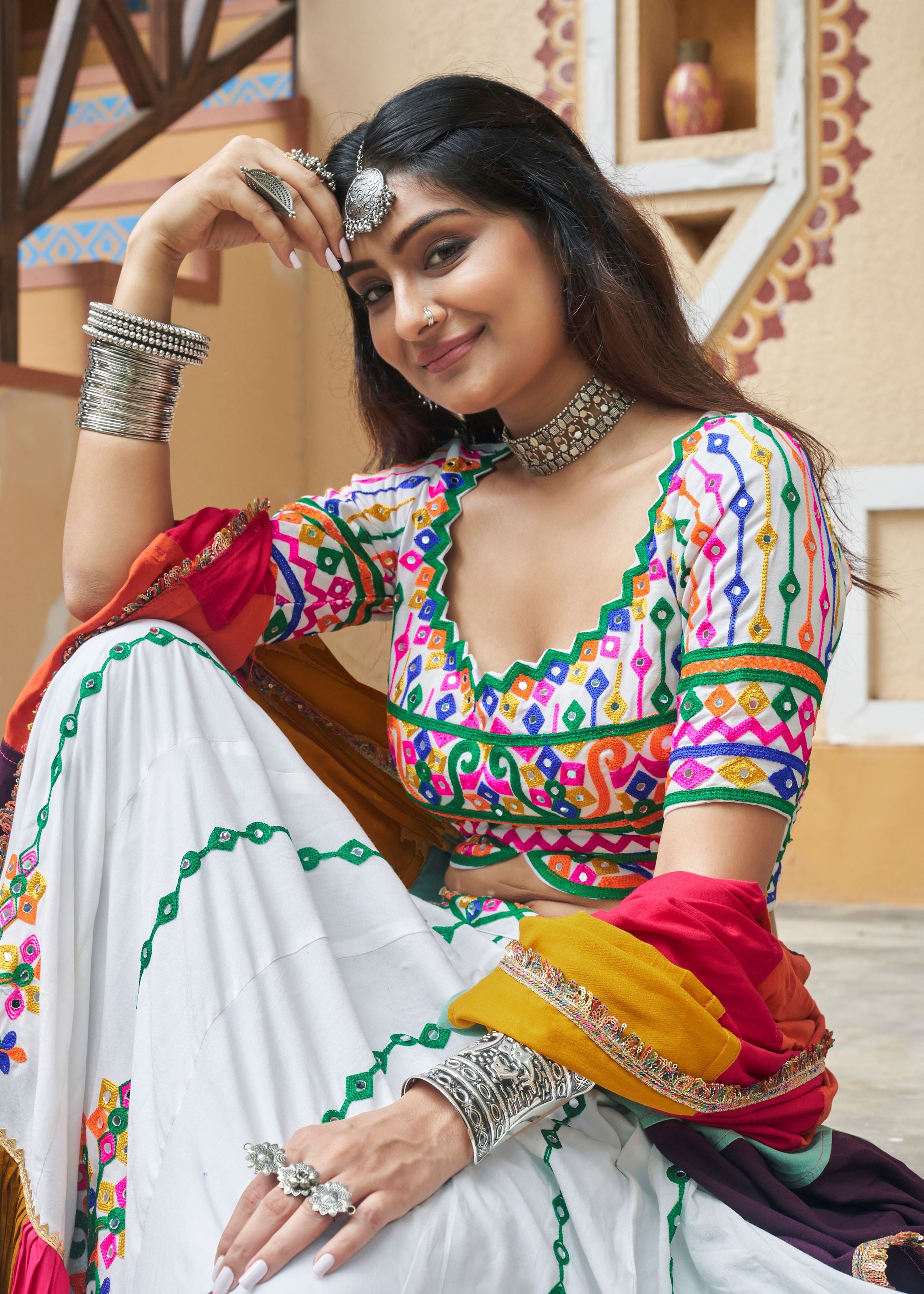 White Lehenga Choli With Embroidered