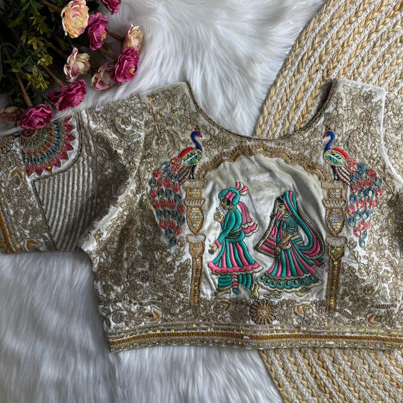 White Royal Rajwadi Velvet Wedding Blouse with Dulha Dulhan Embroidery