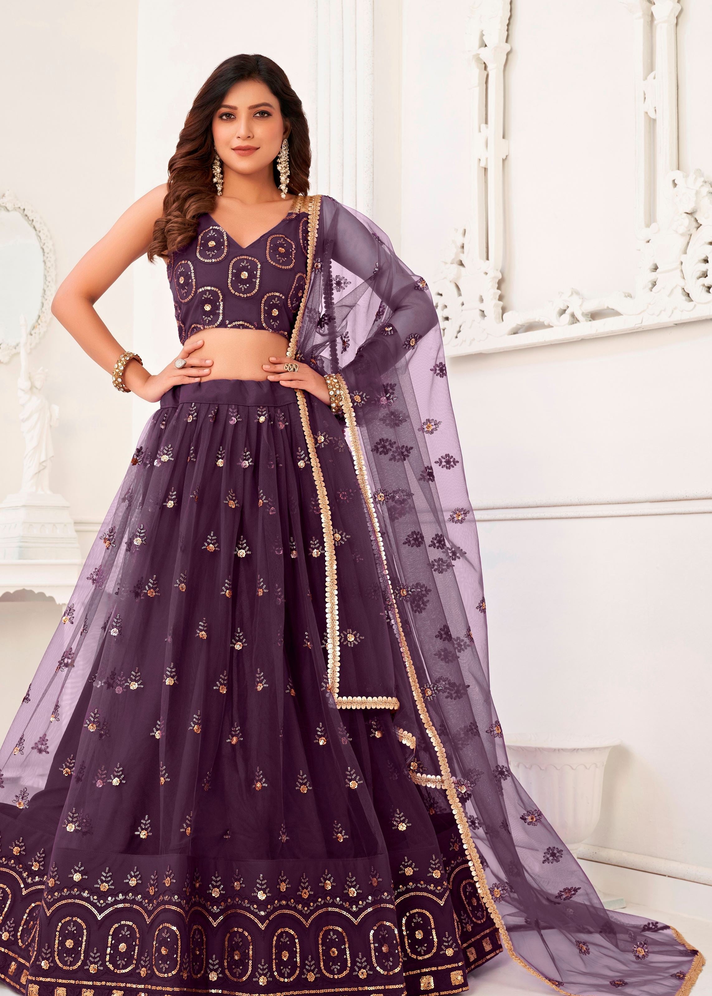 Wine Butterfly Net Lehenga Choli With Thread And Zari Sandwich Sequence Embroidery Work
