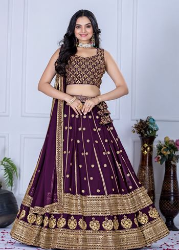 Wine Lehenga Choli With Embroidery With Thread Sequence Work