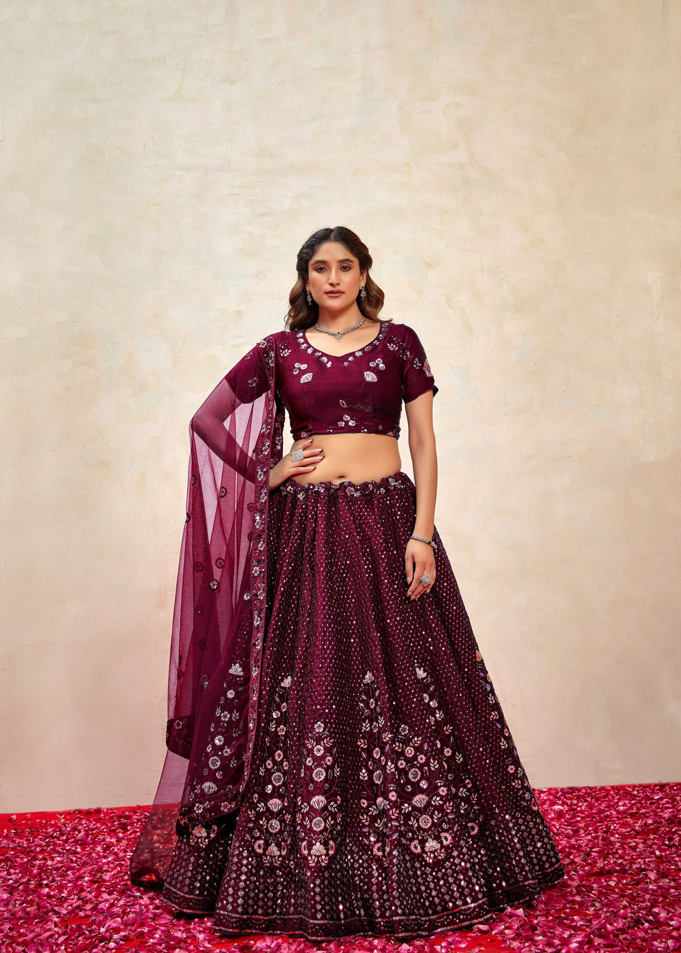 Wine Lehenga Choli With Heavy Sequence Embroidered
