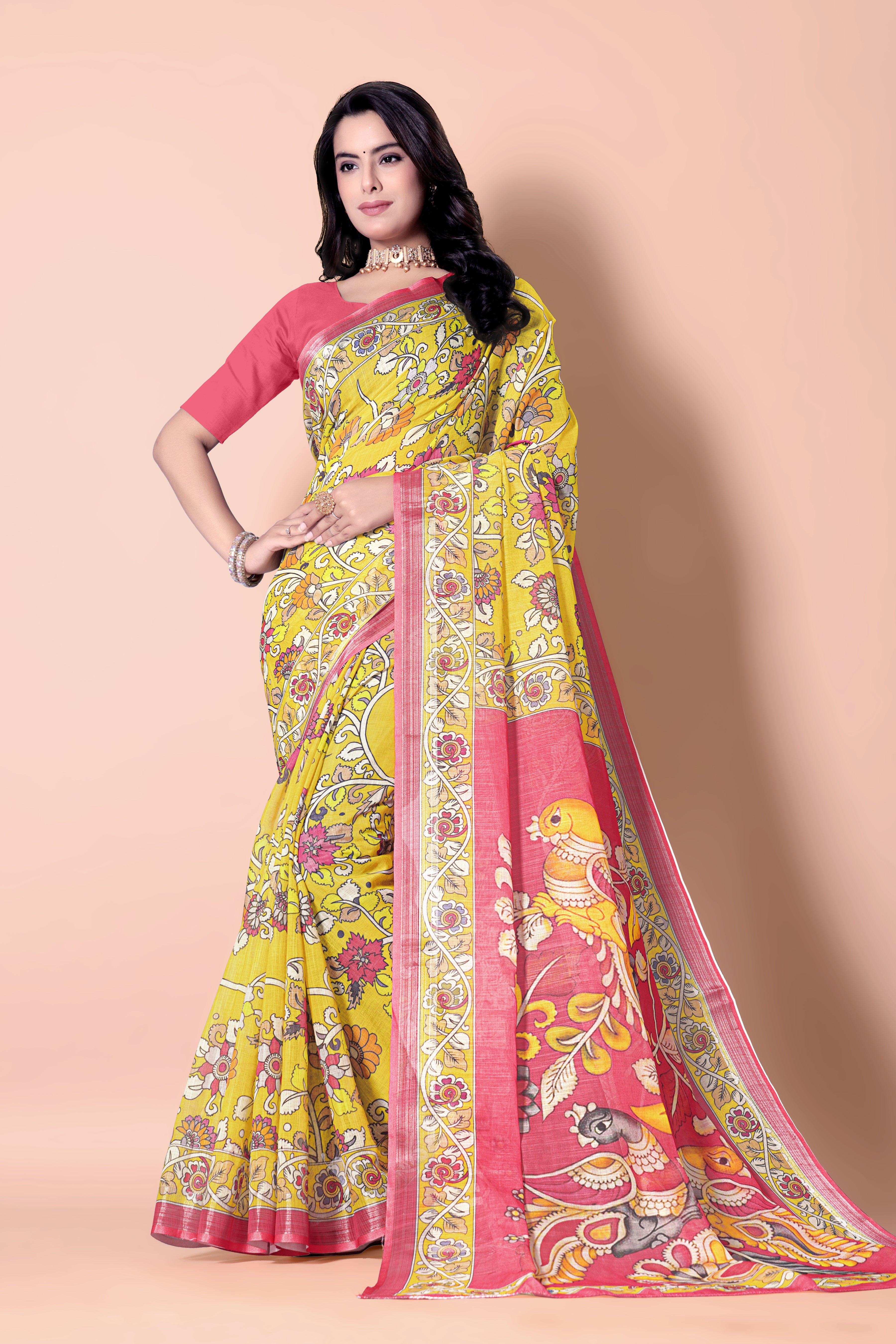 Yellow Linen Soft Printed Designer Saree