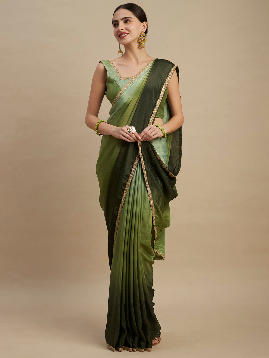Mehendi Chinon Designer Saree With Rich Sequins Embroidery