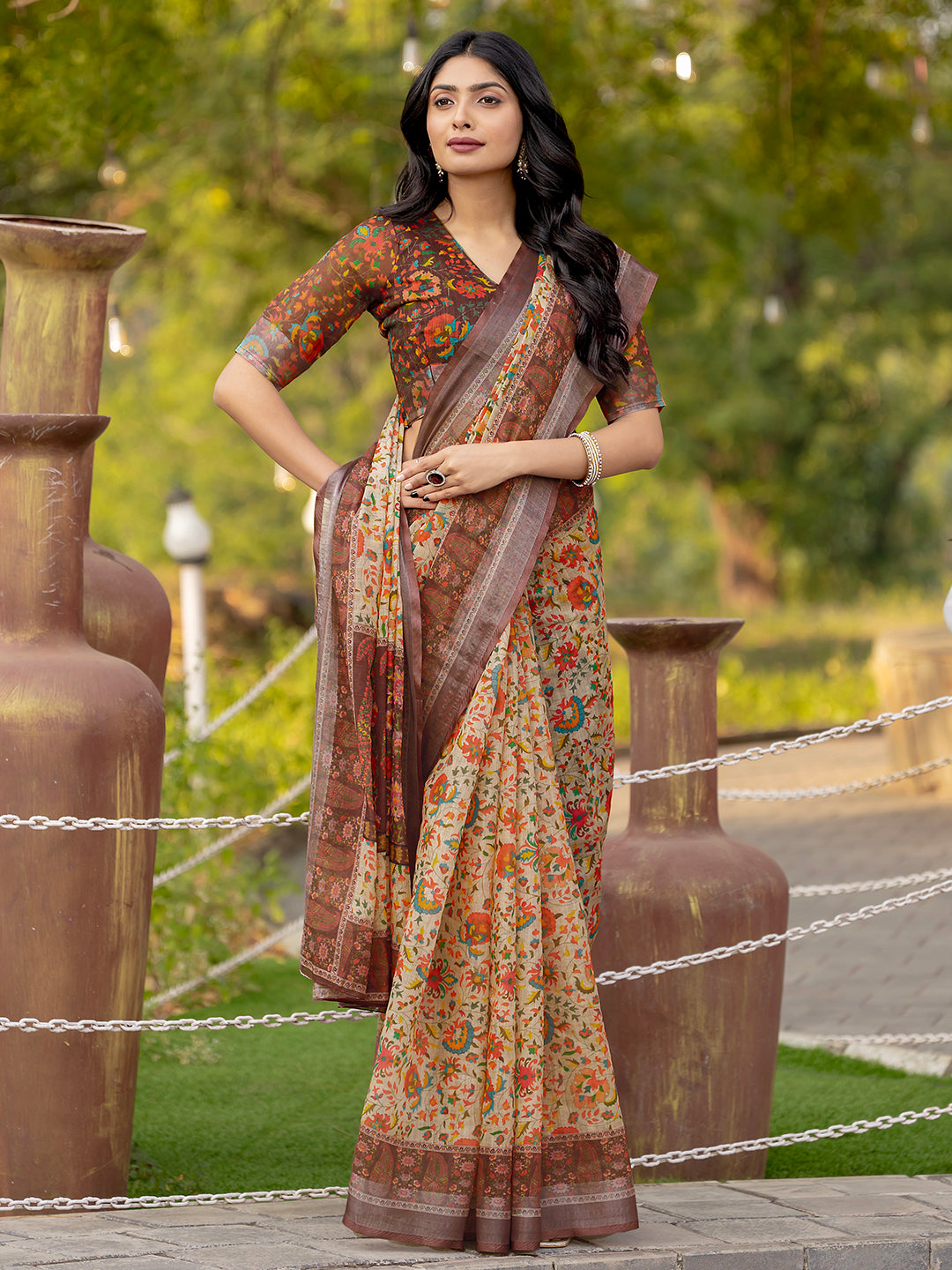 Brown Linen Traditional Printed Saree
