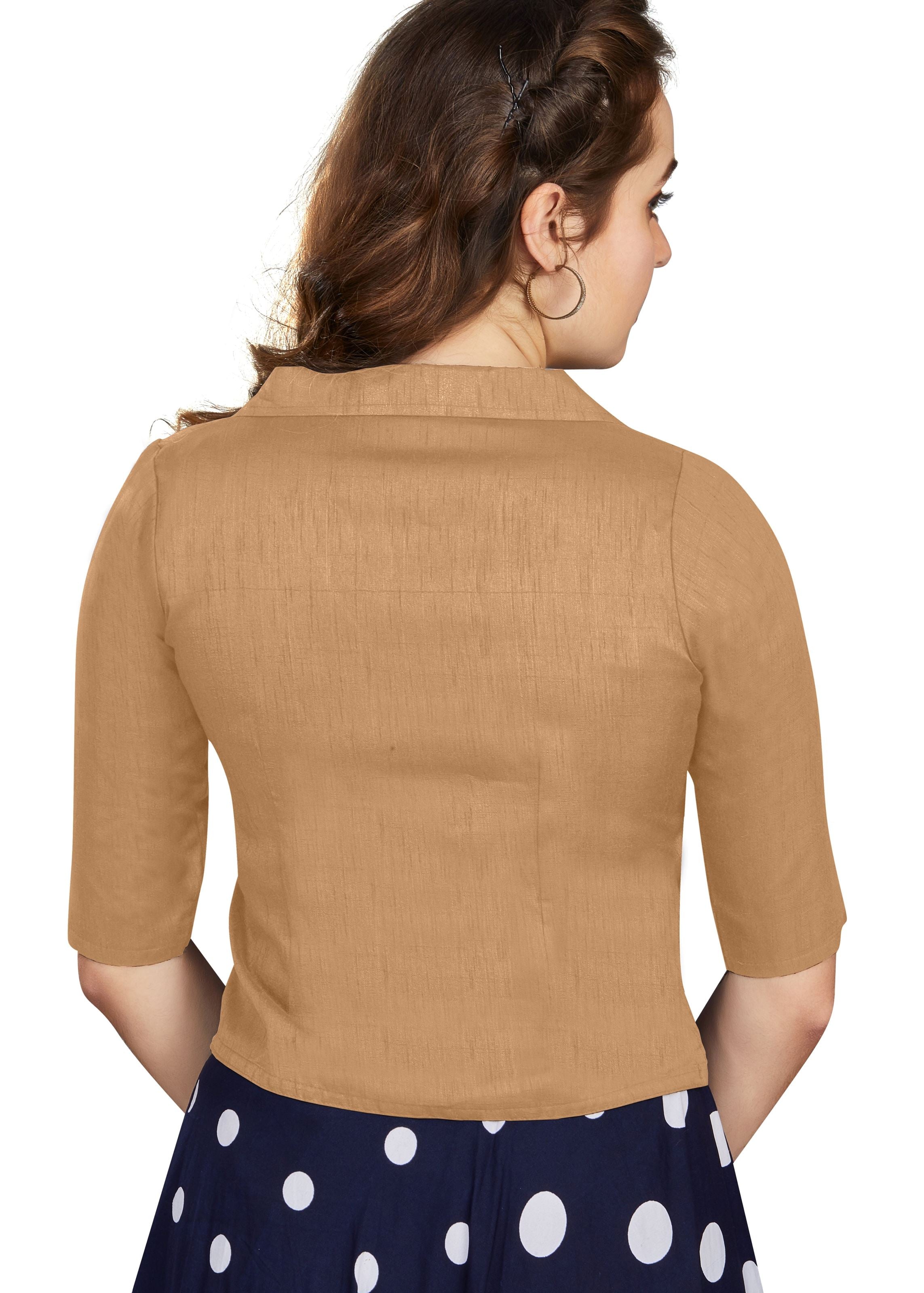 Beige Art Silk Collar Neck Plain Blouse
