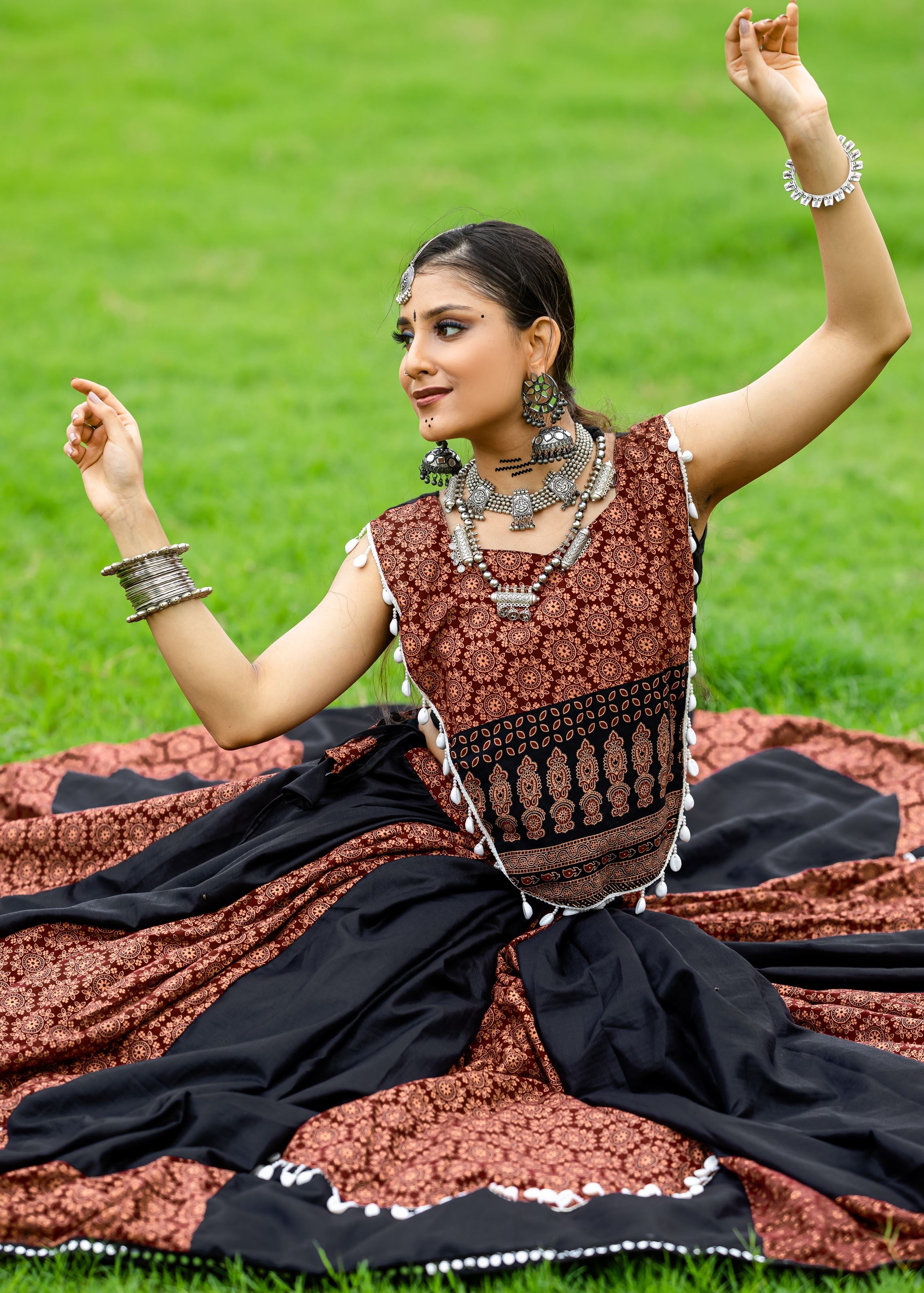 Black And Maroon Printed Navratri Chaniya Choli With Cowrie Work