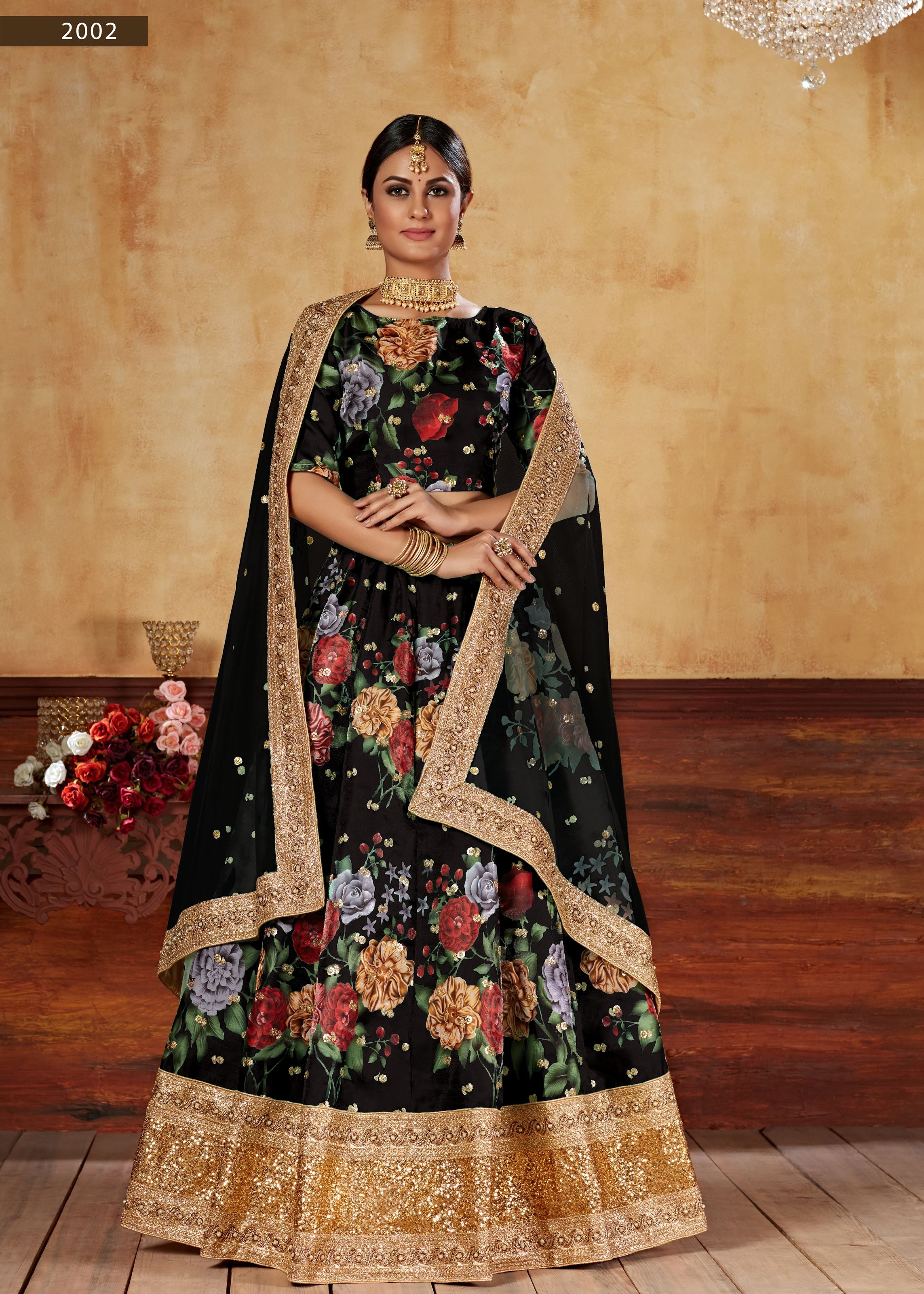 Black Lehenga Choli With Digital Print And Dori With Jari Sequins Butti,Embroidered Border And Pearl Work