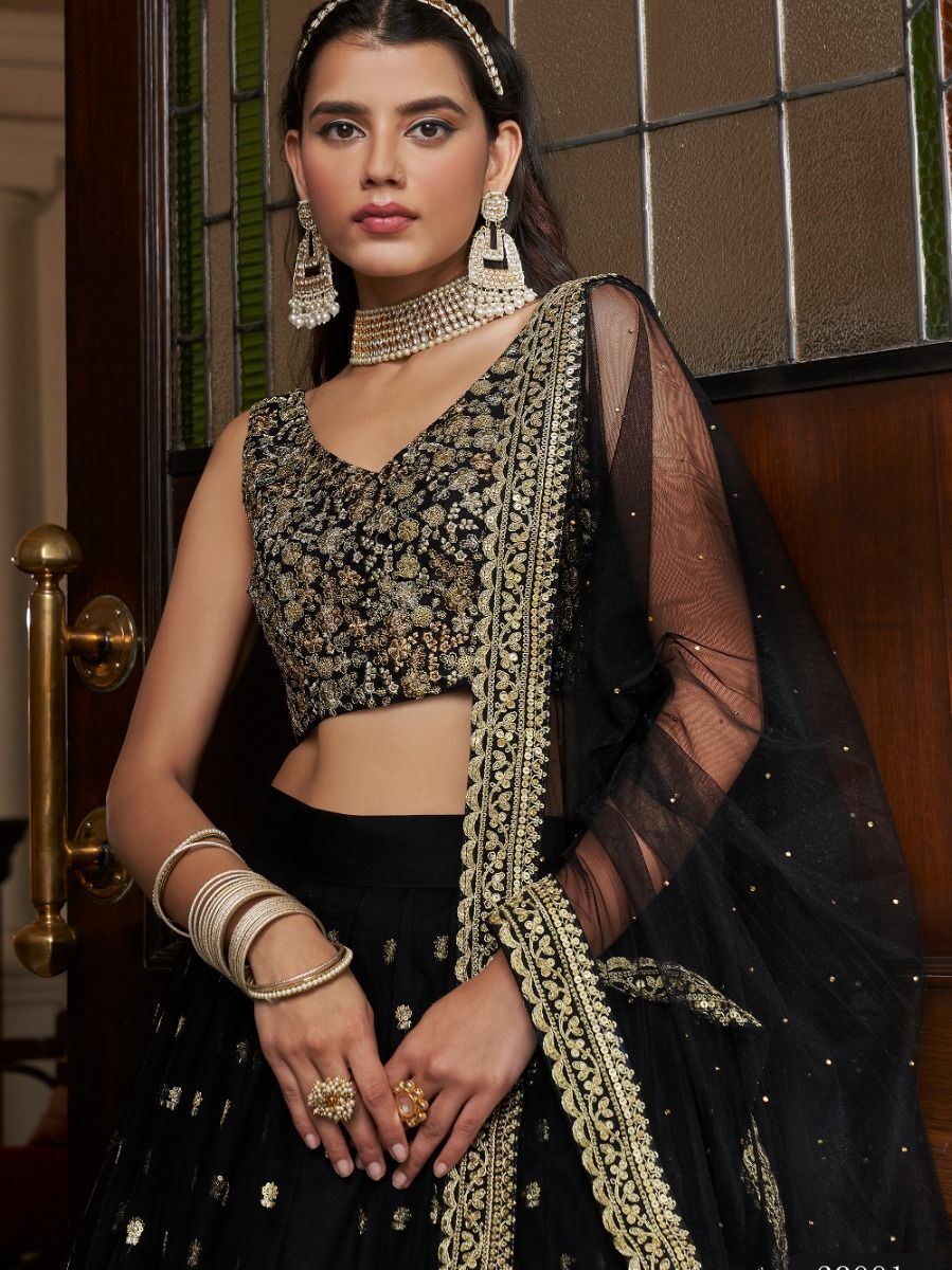 Black Lehenga Choli With Thread and Sequence Embroidery Work