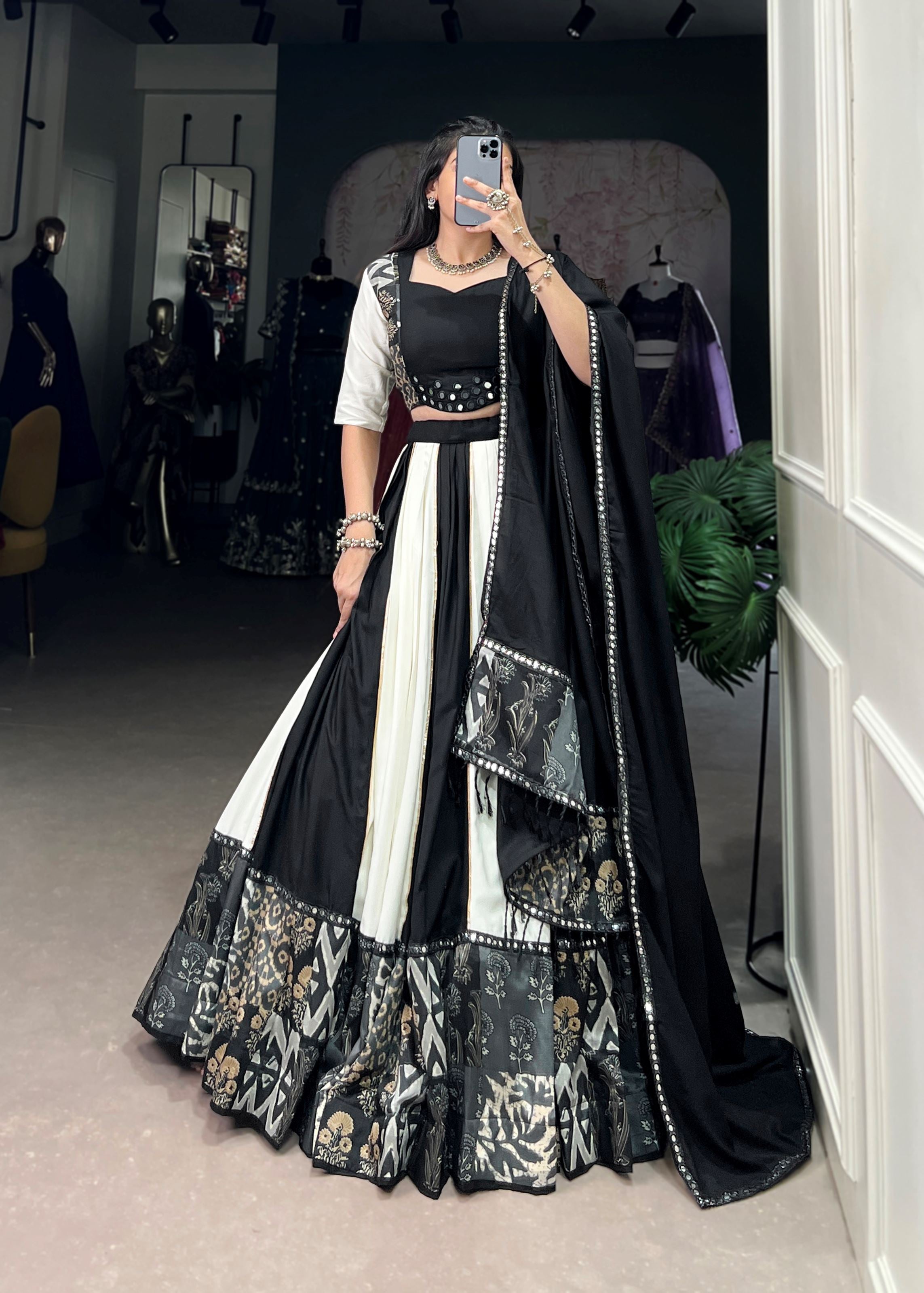 Black Printed Plain Rayon Lehenga with Mirror Lace and Gota Patti Sparkle
