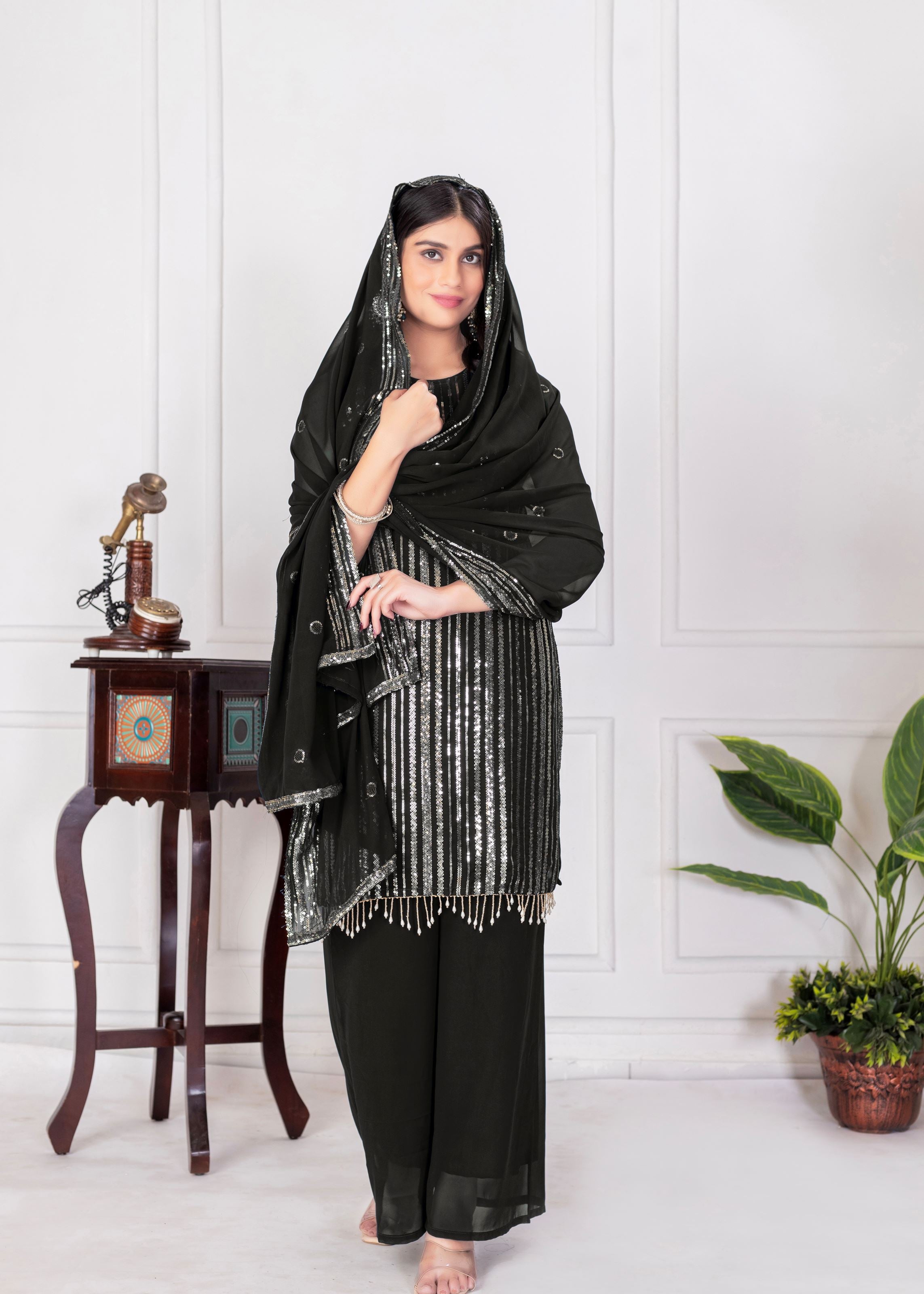 Black Sharara Dress With Sequence Embroidered
