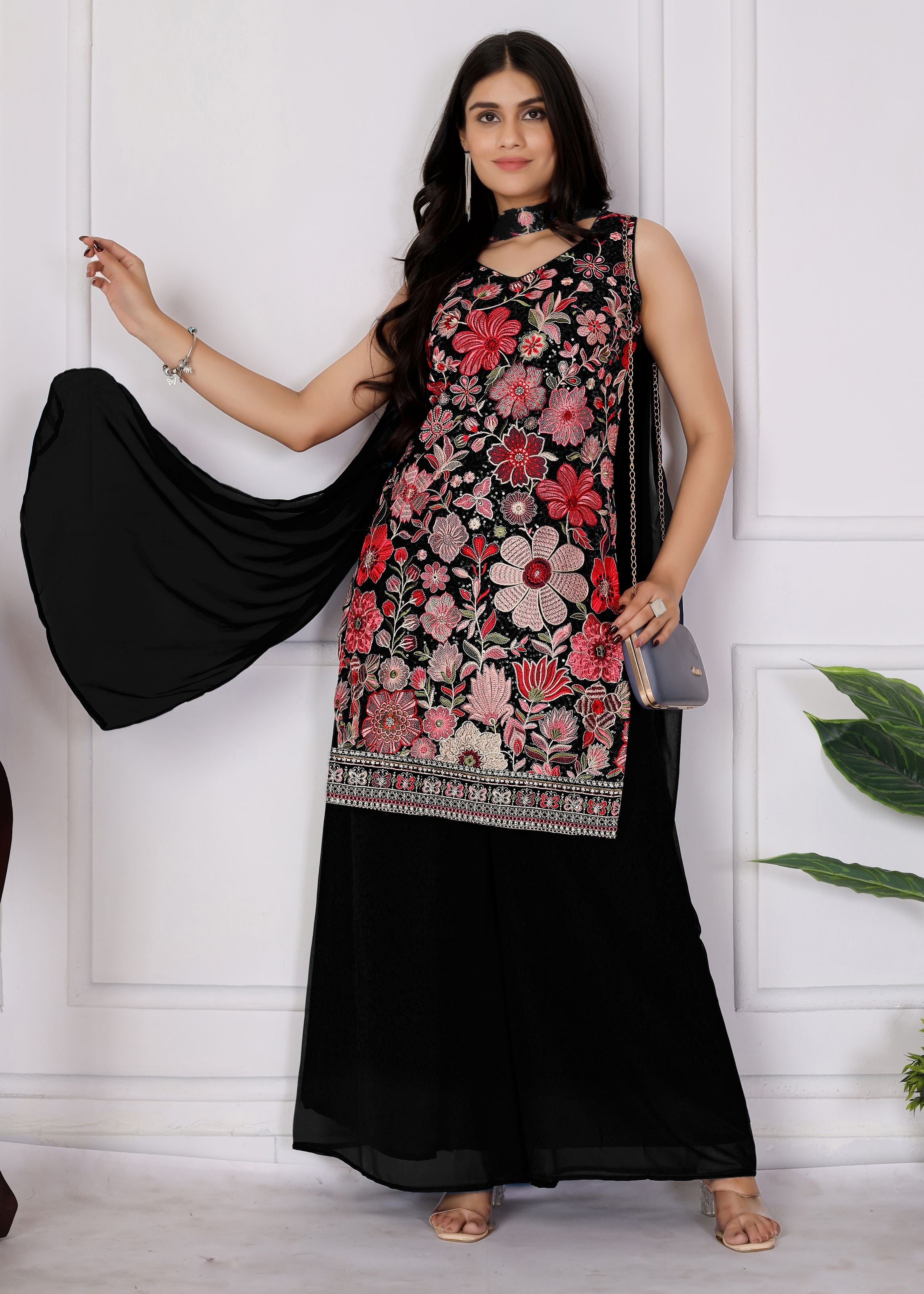 Black Sharara Dress With Sequence Embroidered
