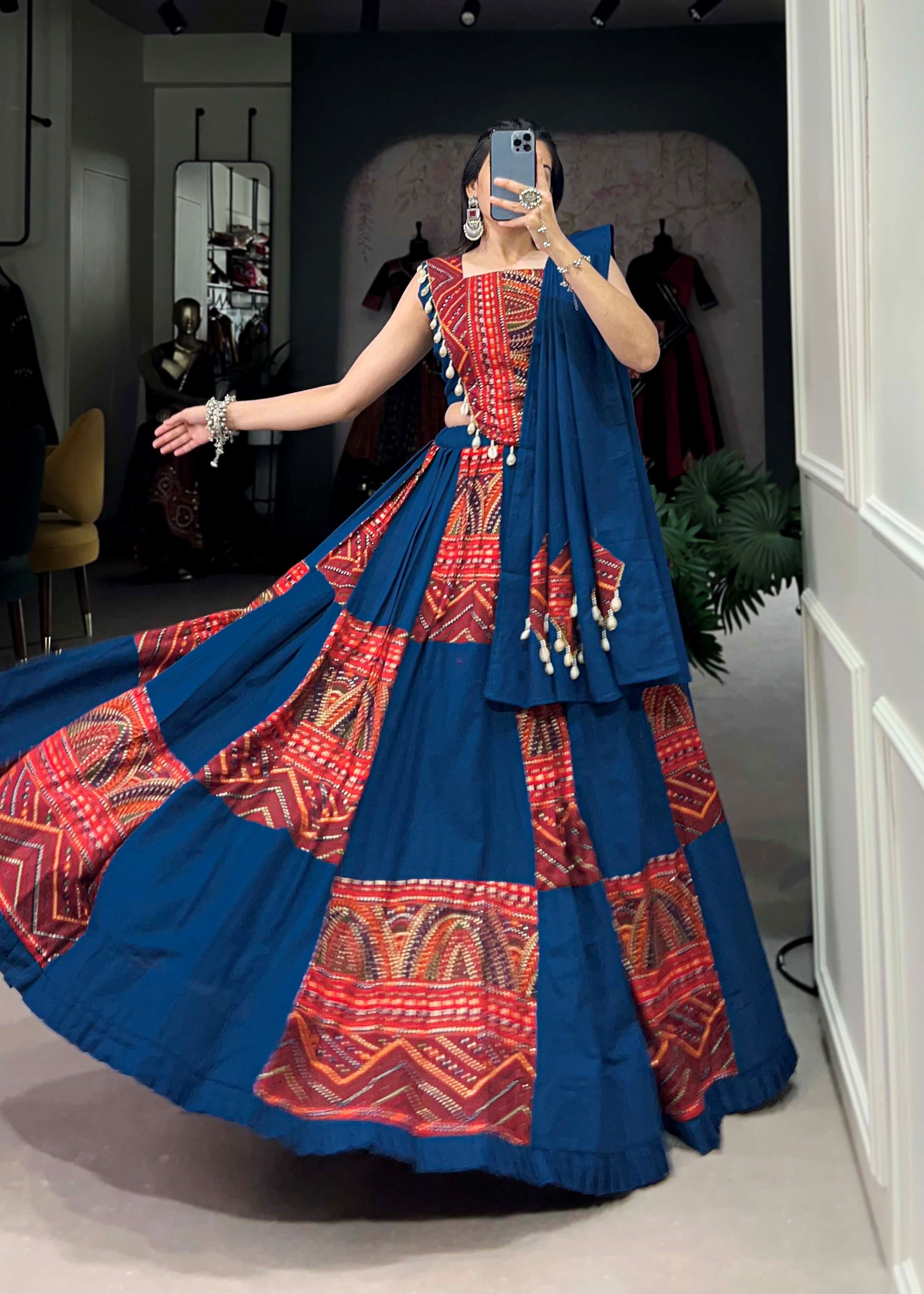 Blue Vibrant Hues Foil Accents Pure Cotton Lehenga Cholis for Celebrations