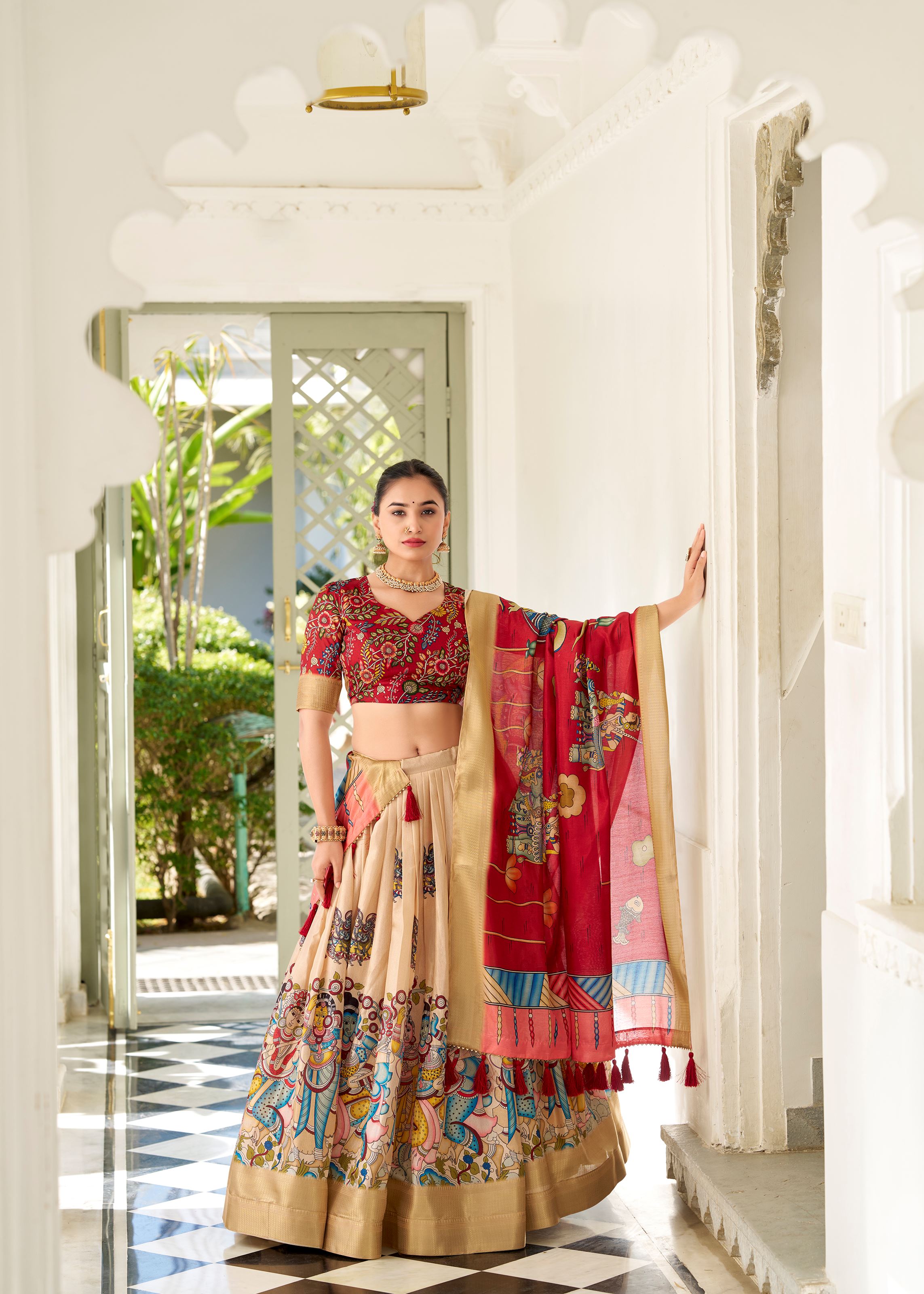 Cream Floral Printed Georgette Lehenga with Lace Border