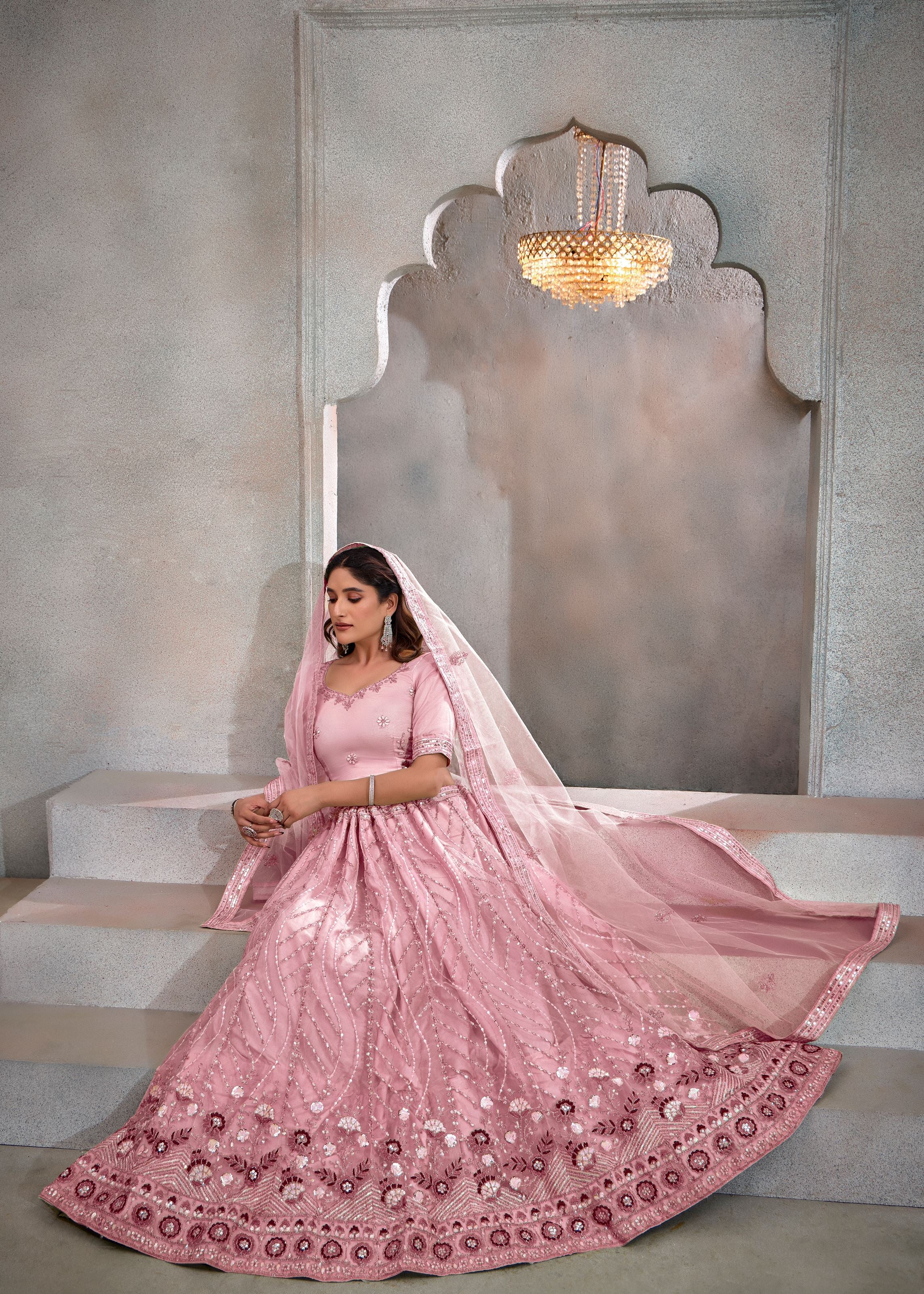 Dark Peach Net Lehenga with Sequin Embroidery Highlights