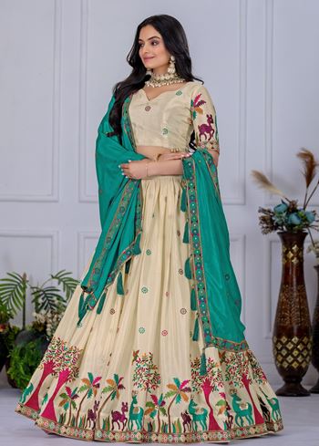 Beige Lehenga Choli With Heavy Embroidery With Multi Color Thread Sequence Work