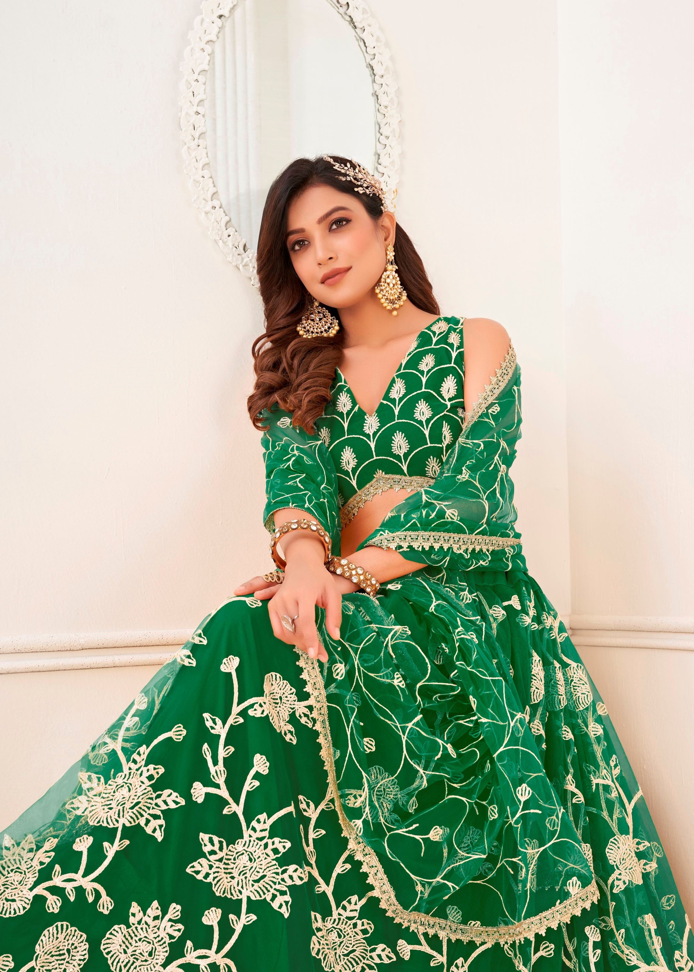 Green Butterfly Net Lehenga Choli With Embroidery And Sequins Work