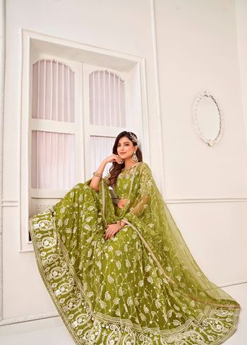 Green Butterfly Net Lehenga Choli With White Cotton Thread And Zari Sandwich Sequence Embroidery Work