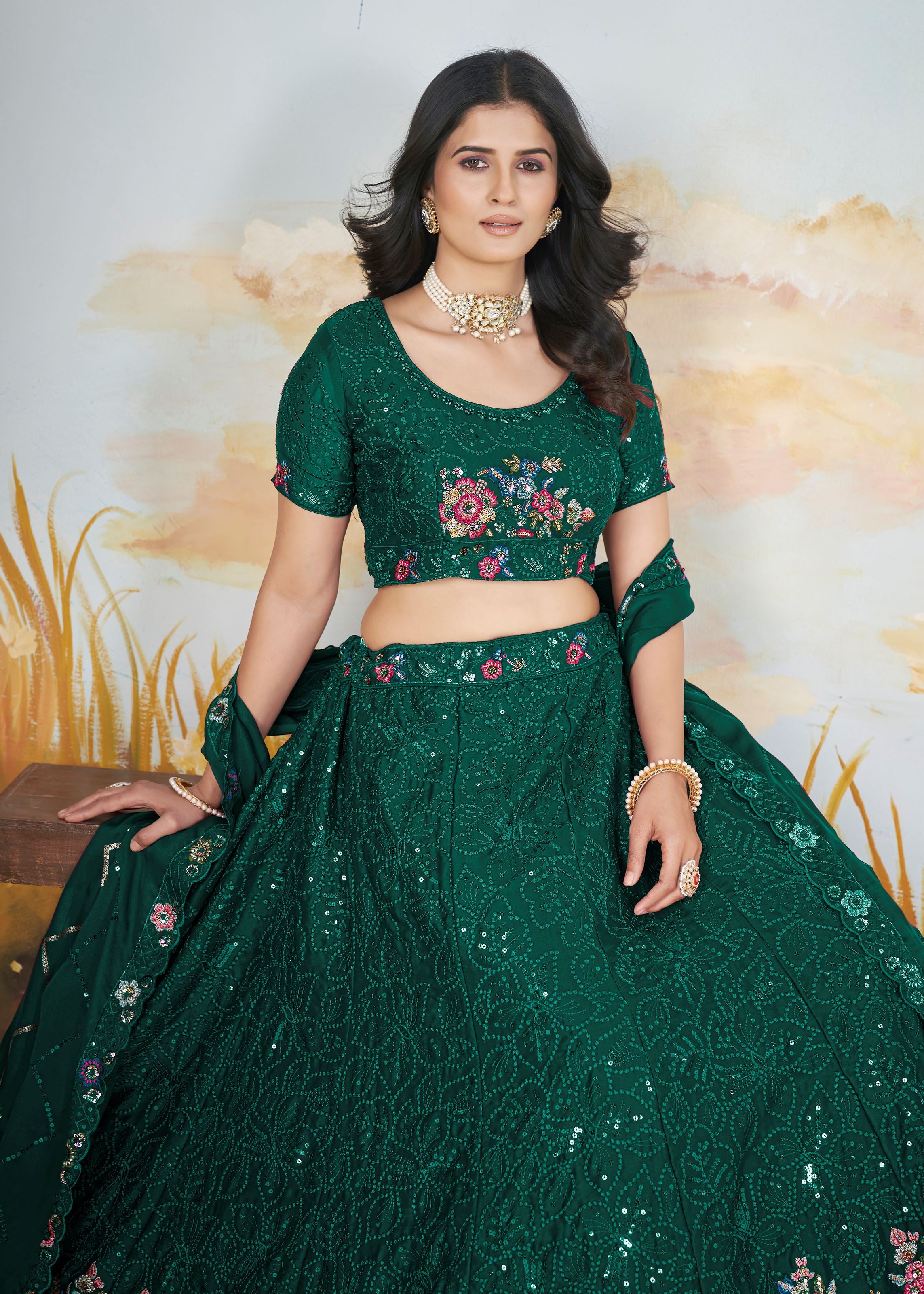 Green Chinnon Lehenga with Fancy Thread Copper Sequins