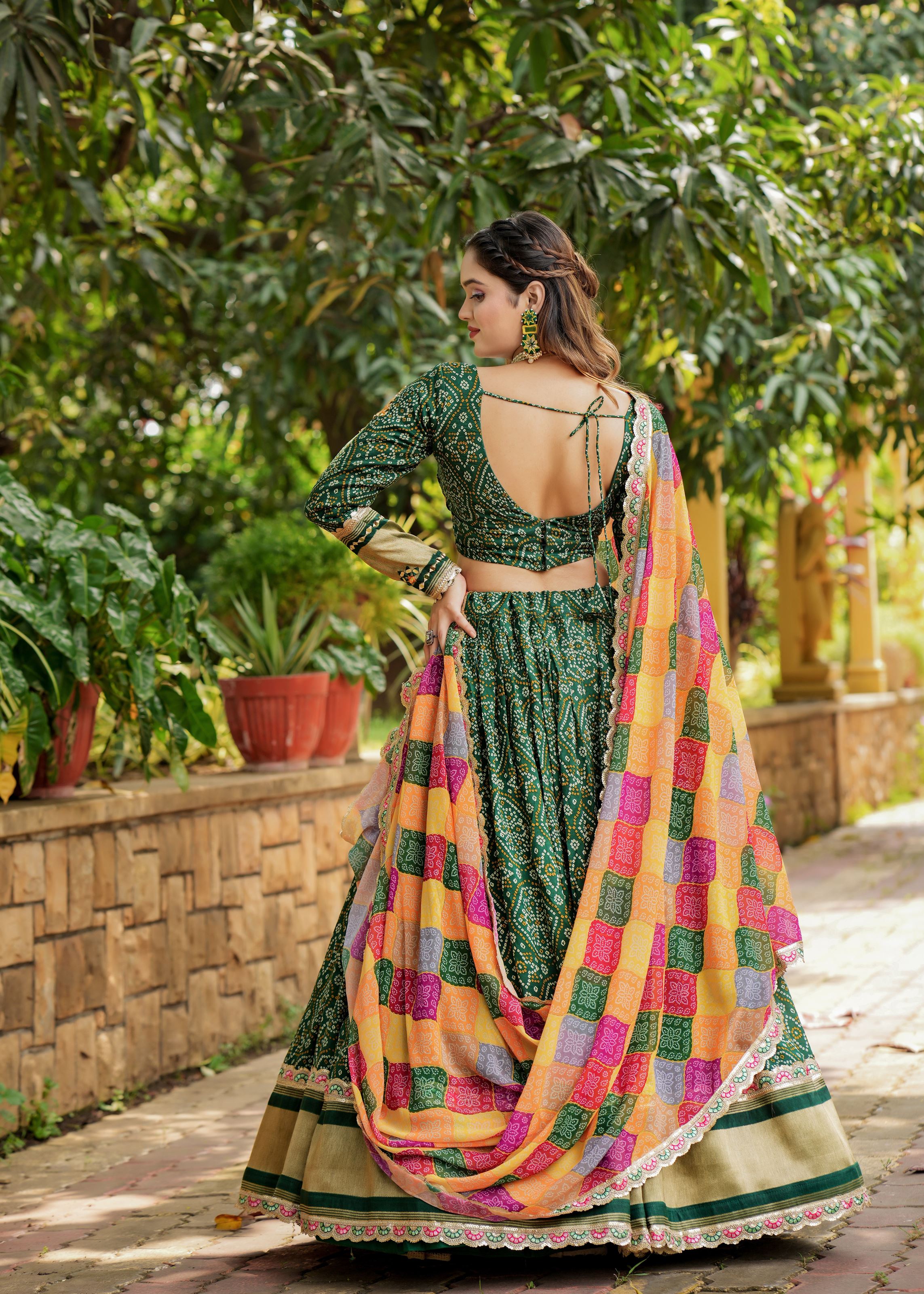 Green Lehenga Choli With Heavy Discharge Print Heavy Embroidery Thread Sequins Work