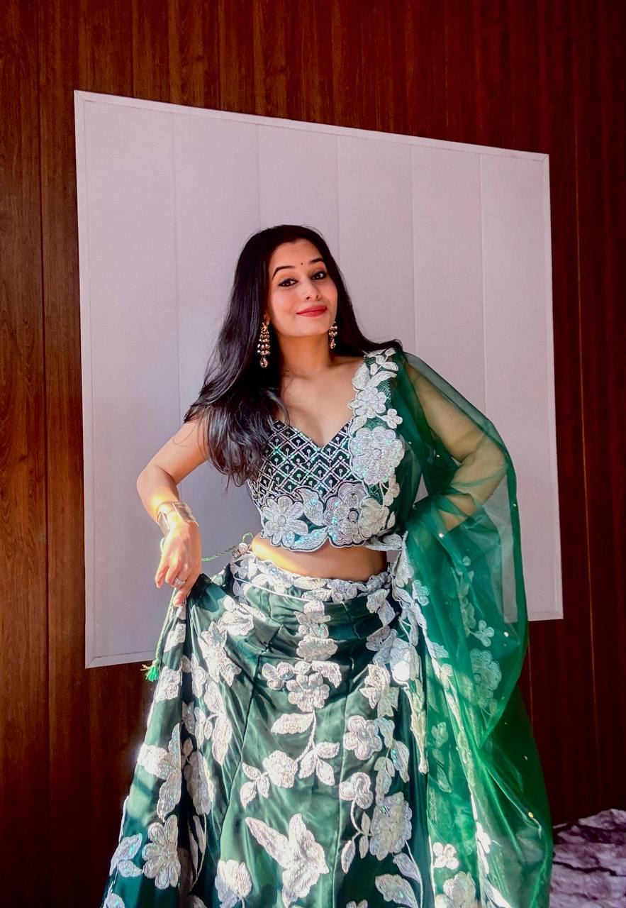 Green Lehenga Choli with Rainbow Sequins & Dori Work