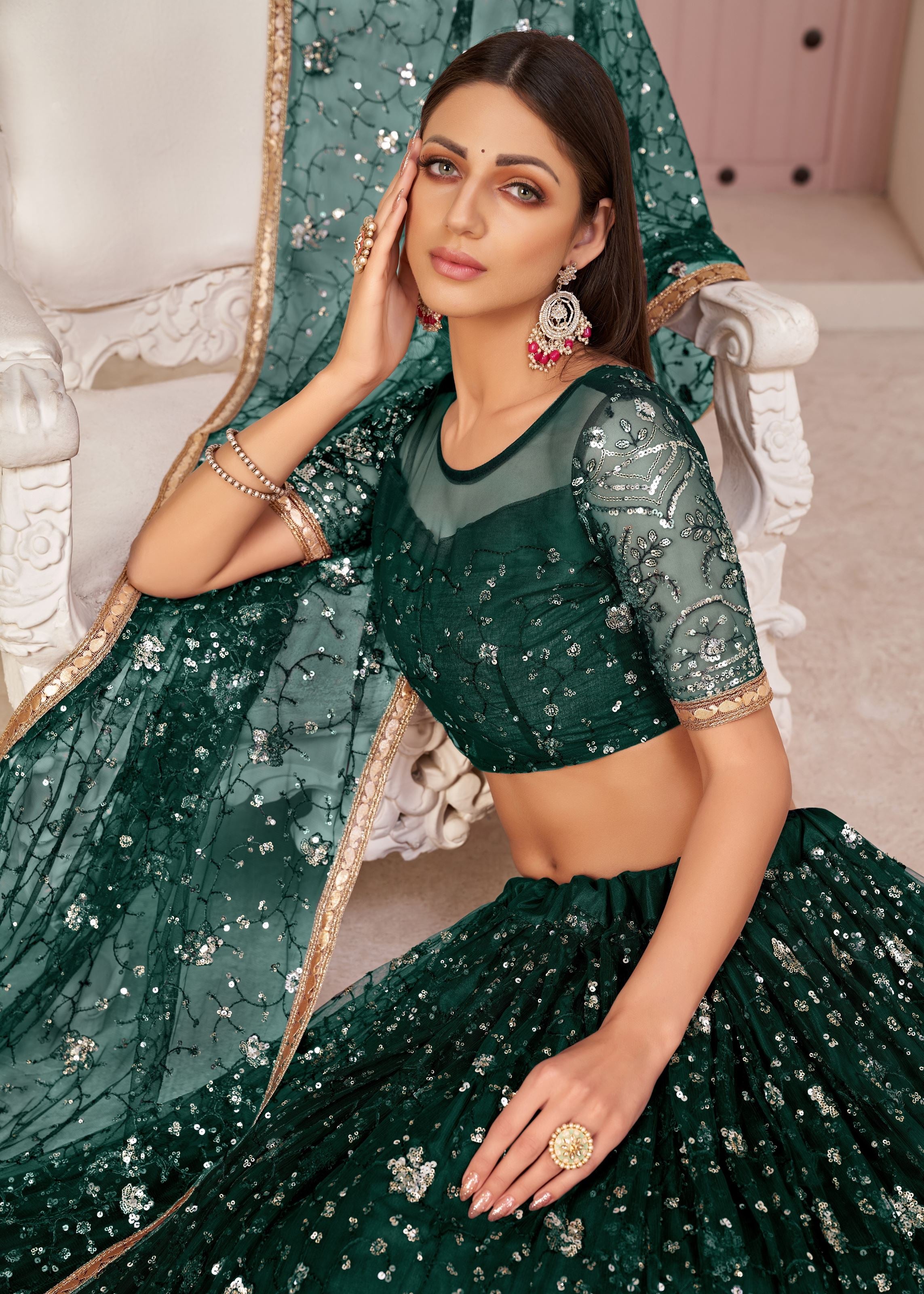 Green Net Lehenga Choli With Thread Embroidery Work