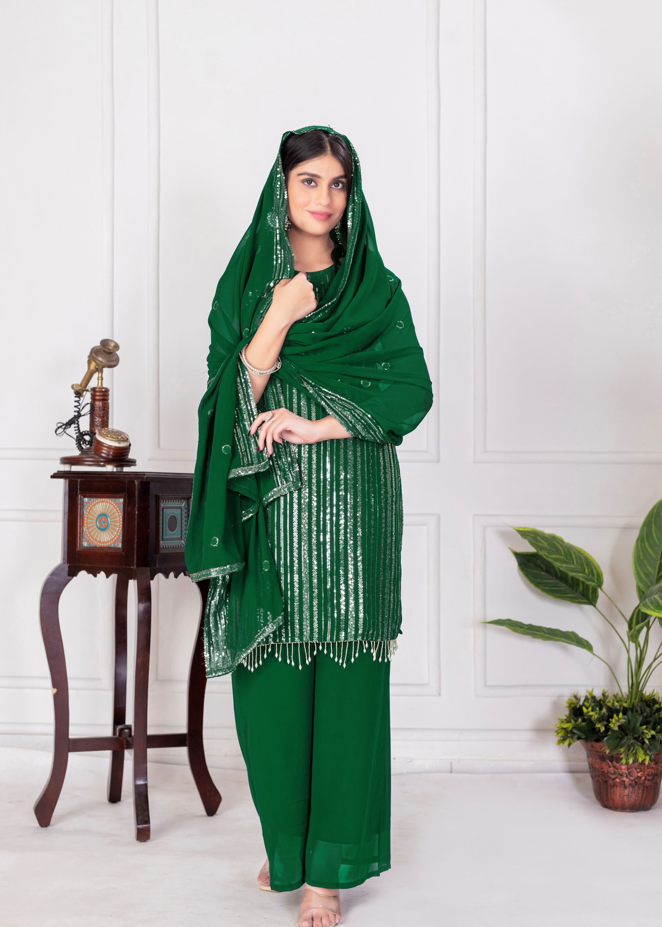 Green Sharara Dress With Sequence Embroidered