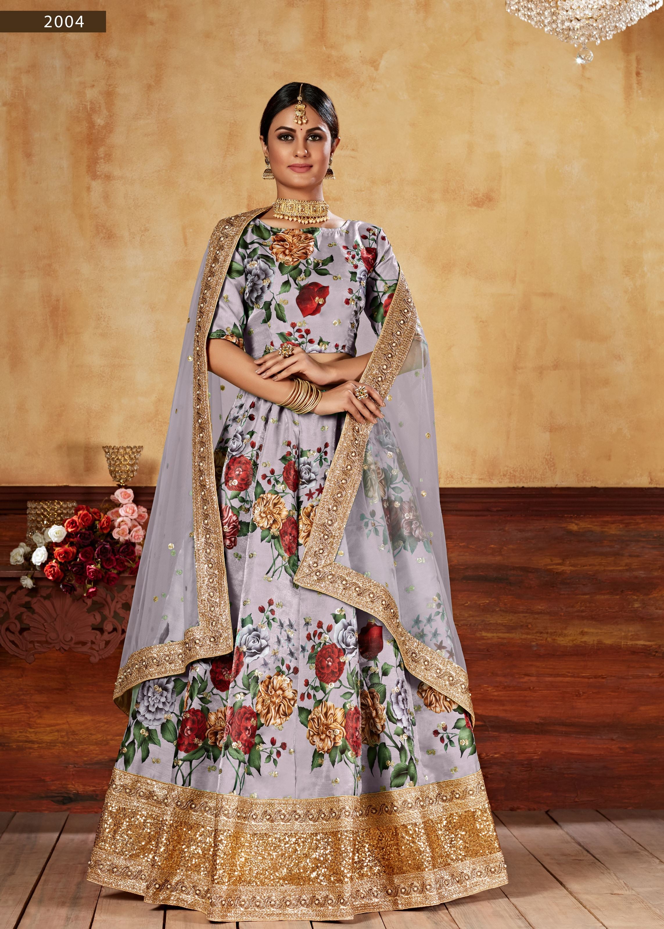 Grey Lehenga Choli With Digital Print And Dori With Jari Sequins Butti,Embroidered Border And Pearl Work