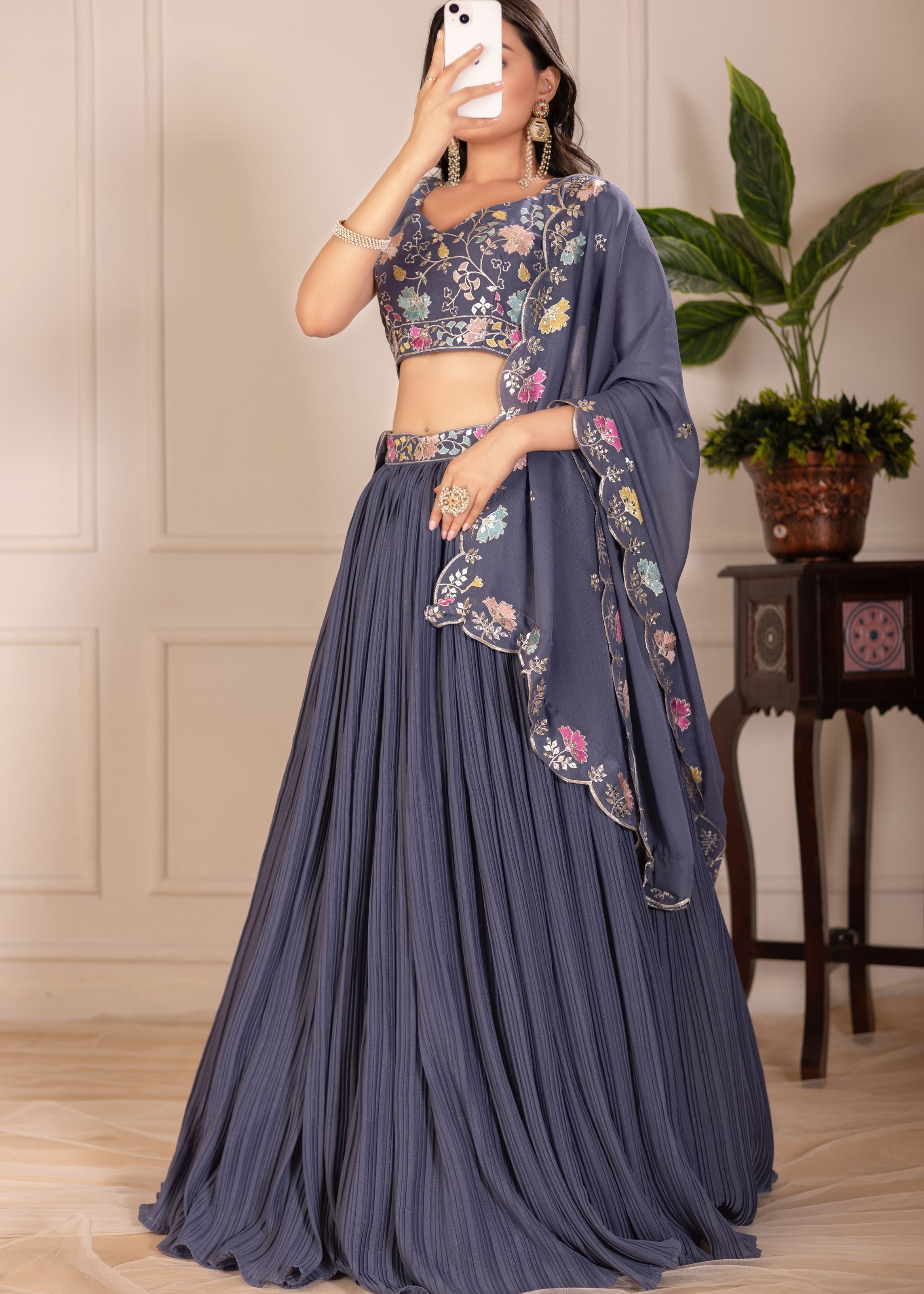 Grey Lehenga Choli With Embroidery With Multi Thread Sequence Work