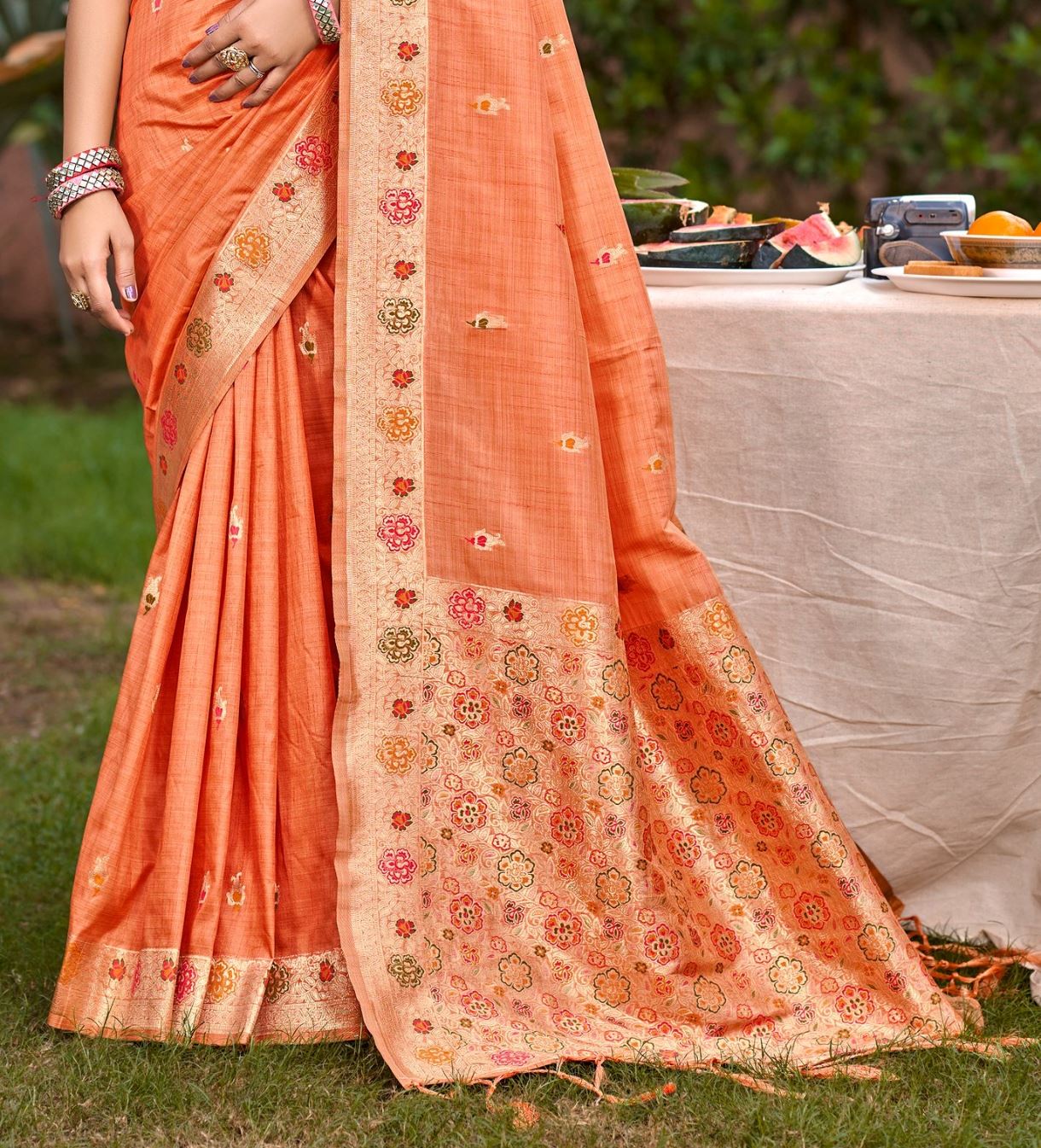 Jewel-Toned Orange Assam Silk Meenakari Festival Saree
