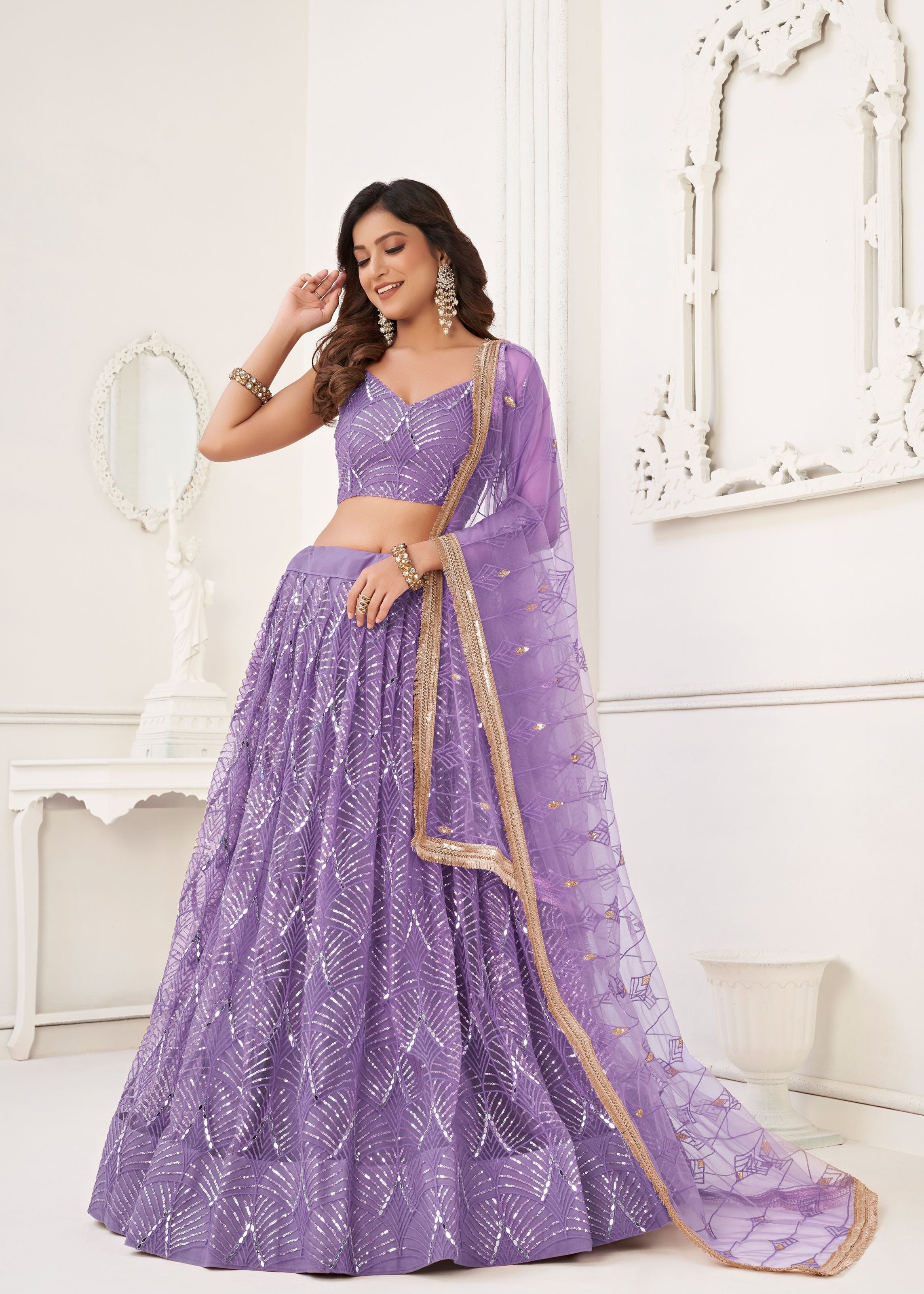 Lavender Net Lehenga Choli With Thread Embroidery Real Mirror Work