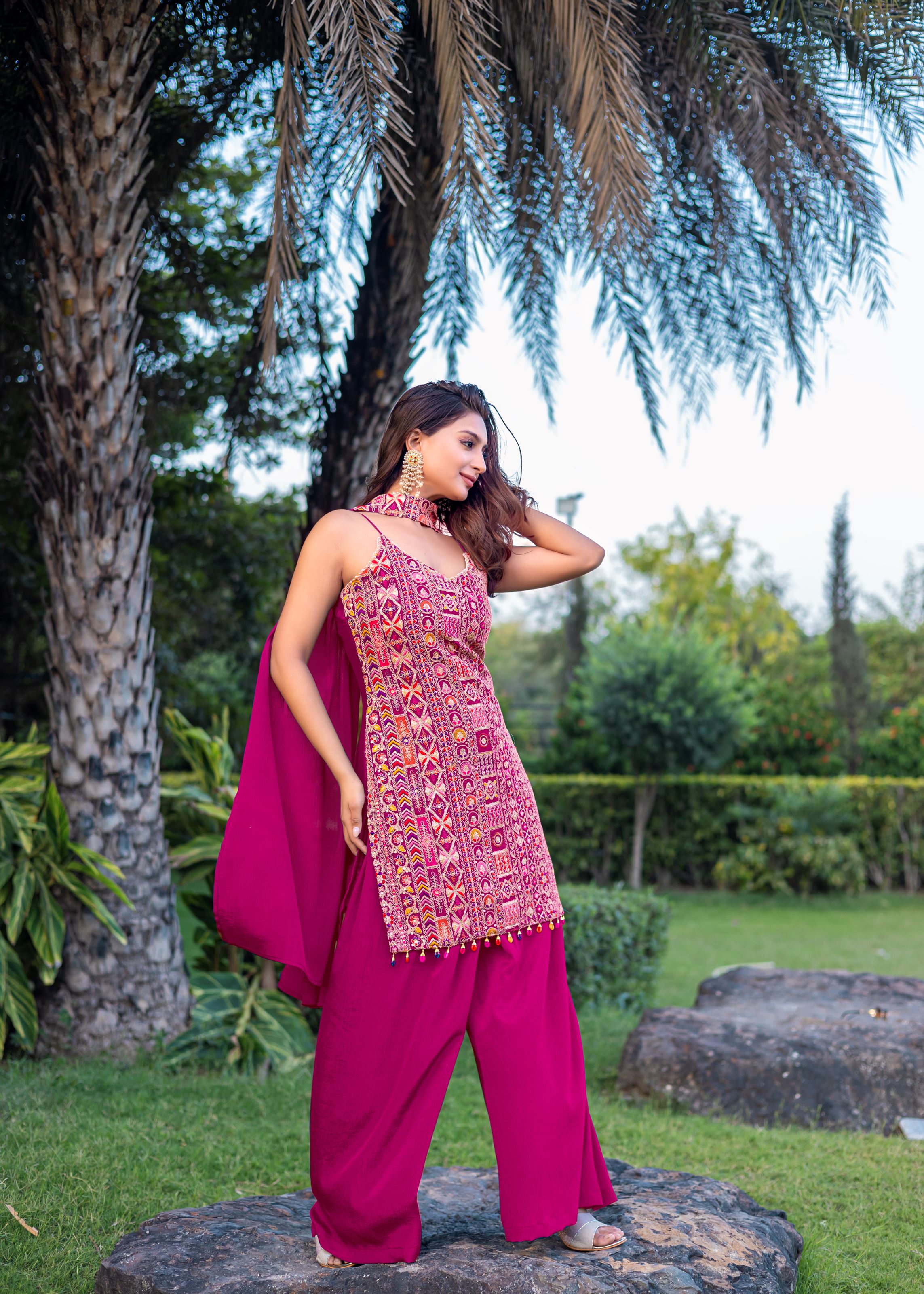 Magenta Sharara Dress With Embroidery Work